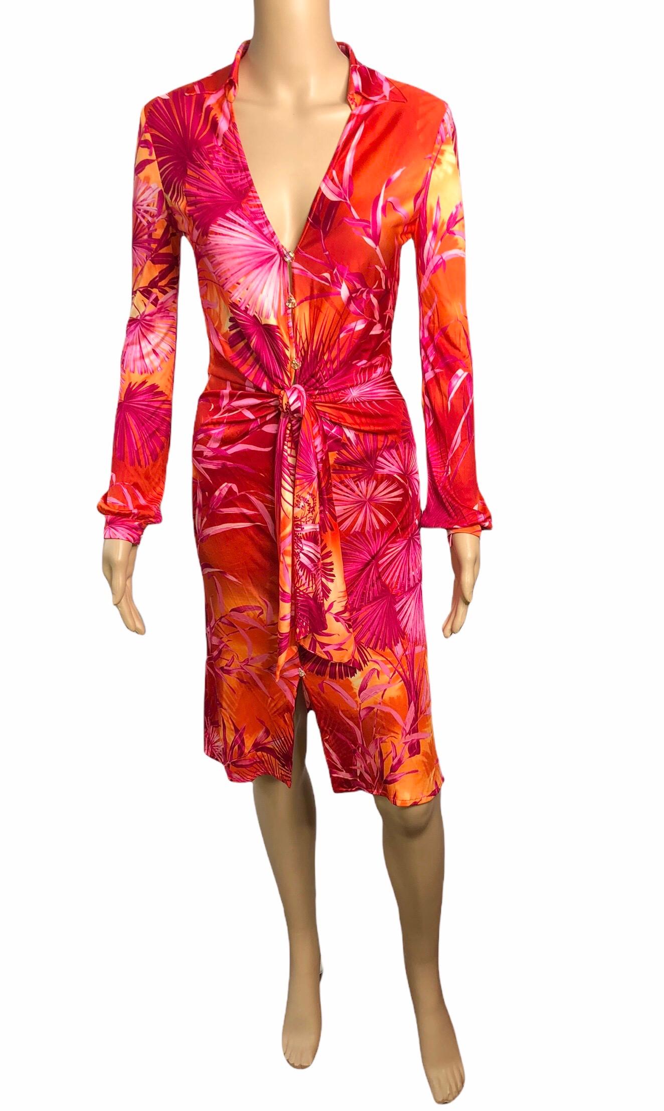 Red Gianni Versace Runway S/S 2000 Vintage Tropical Print Plunging Neckline Dress For Sale