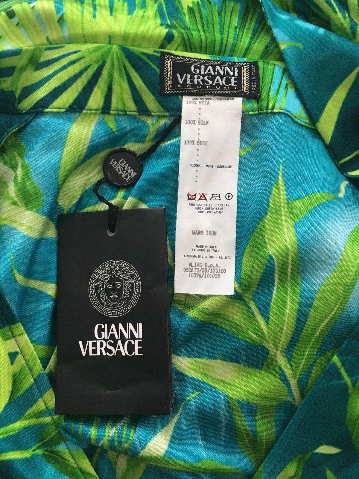 Green Gianni Versace Runway S/S 2000 Vintage Tropical Print Plunging Neckline Dress