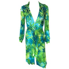 Gianni Versace Runway S/S 2000 Vintage Tropical Print Plunging Neckline Dress