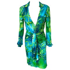 Gianni Versace Runway S/S 2000 Vintage Tropical Print Plunging Neckline Dress