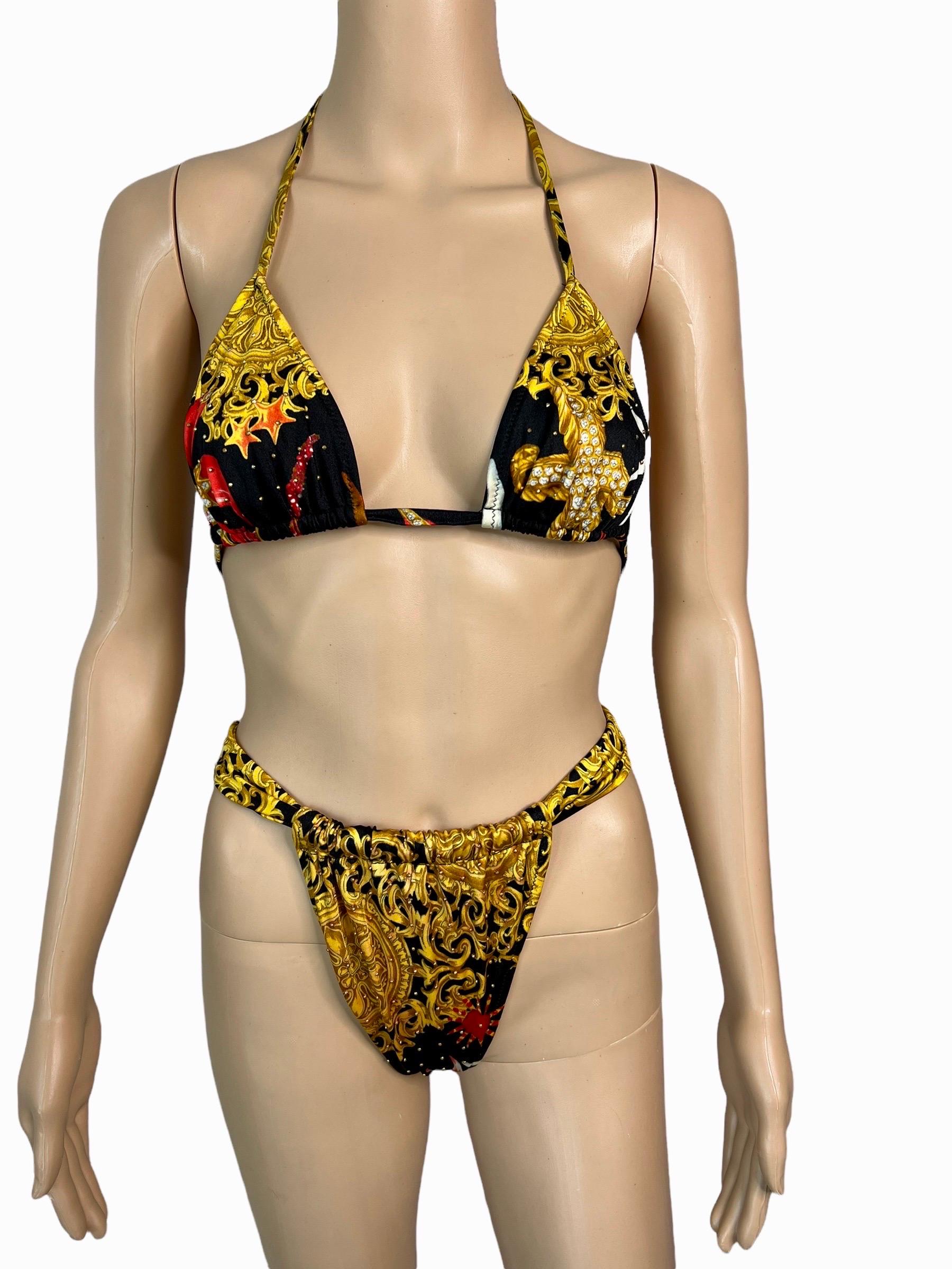 Brown Gianni Versace S/S 1992 Baroque Embellished Two-Piece Bikini Swimsuit Swimwear For Sale