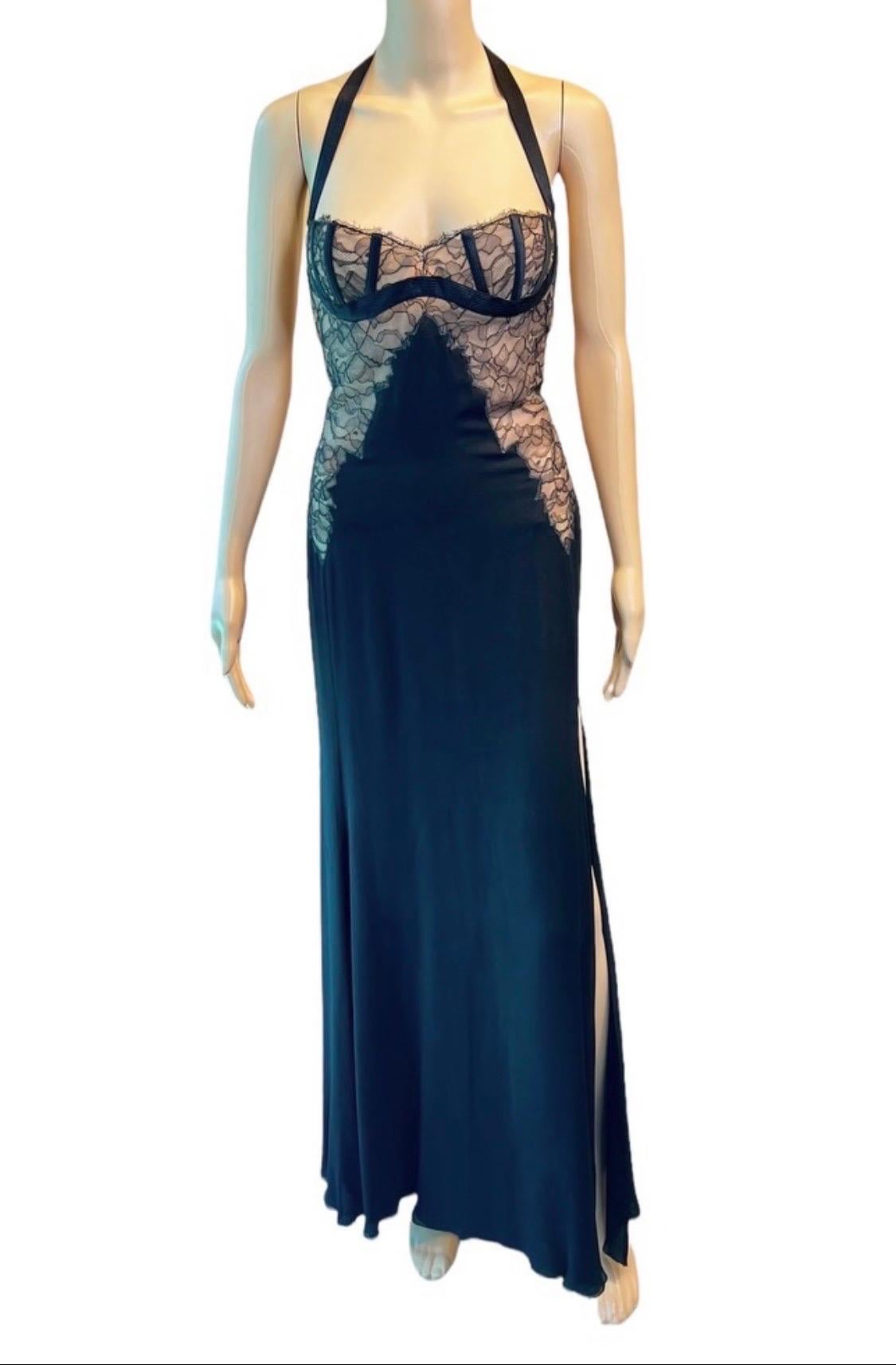 Gianni Versace S/S 1992 Bustier Lace Bra Sheer Panels Slit Evening Dress Gown Size IT 44