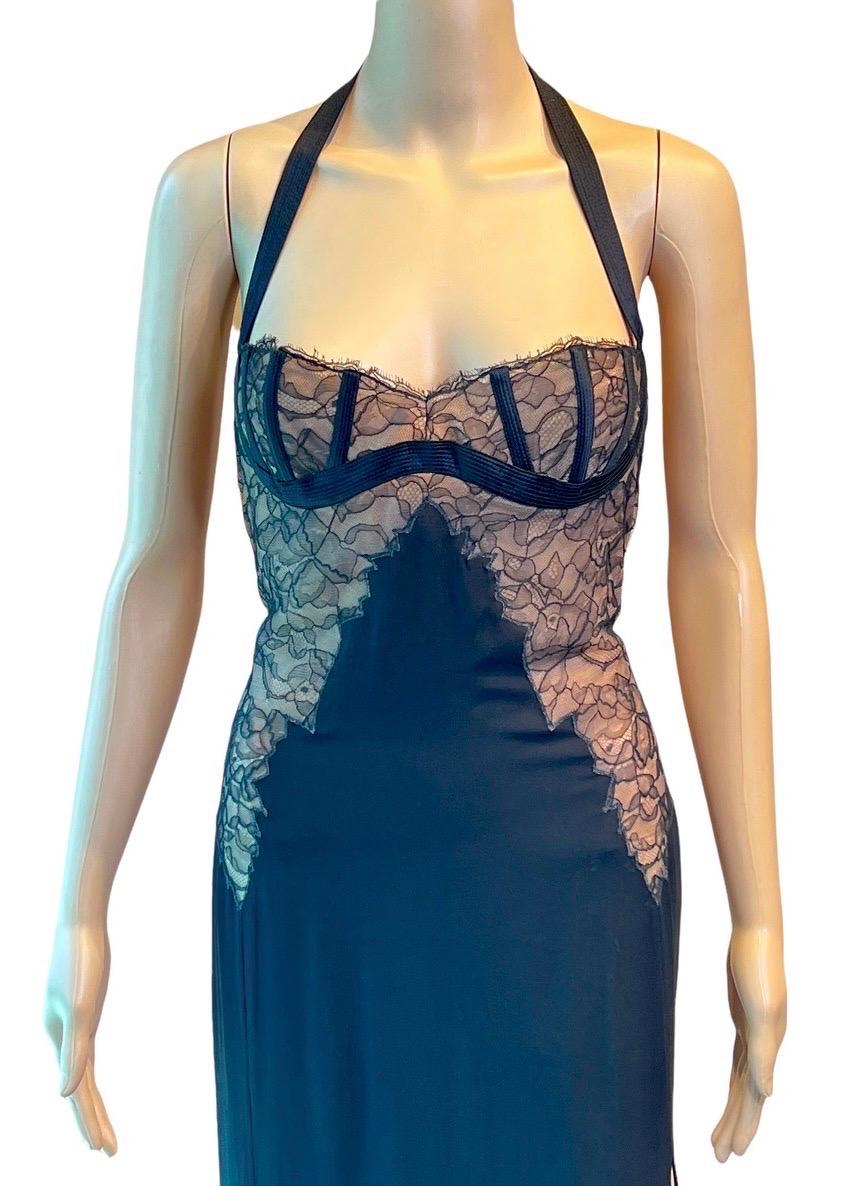 Black Gianni Versace S/S 1992 Bustier Lace Bra Sheer Panels Slit Evening Dress Gown For Sale