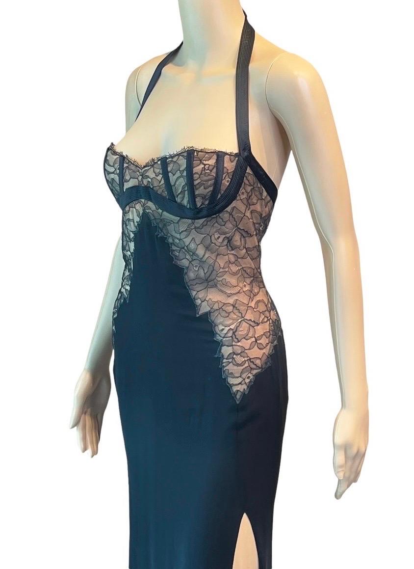 Gianni Versace S/S 1992 Bustier Lace Bra Sheer Panels Slit Evening Dress Gown In Good Condition For Sale In Naples, FL