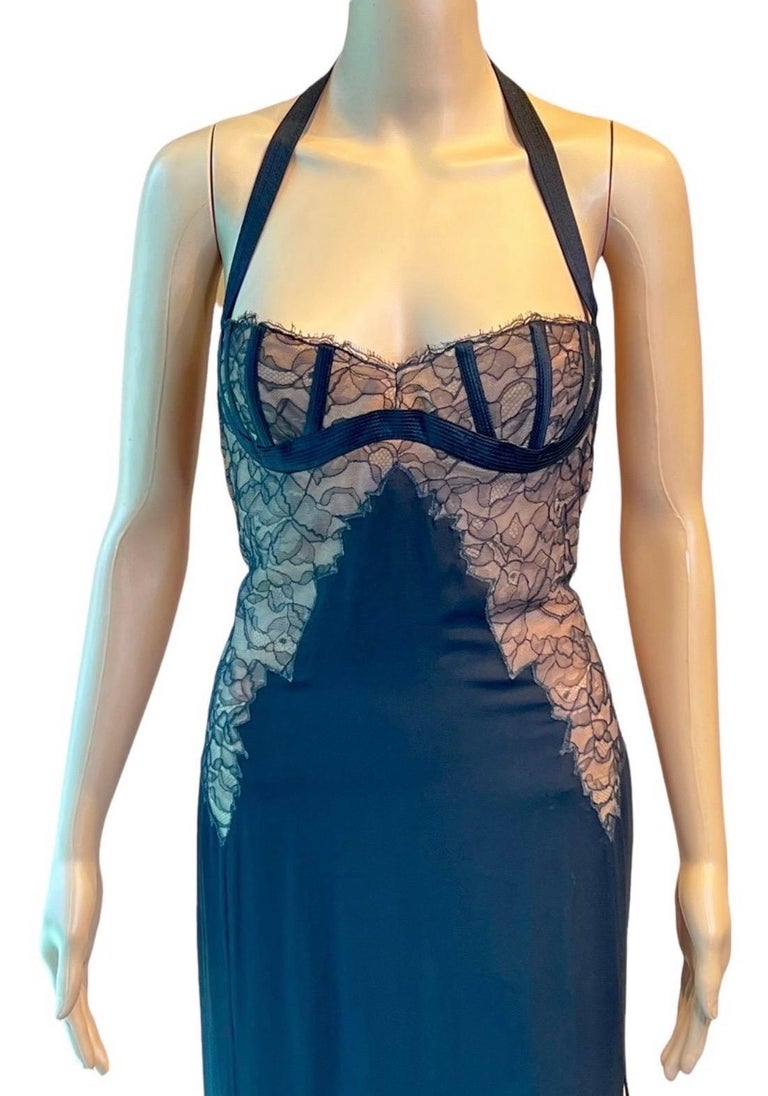 Gianni Versace S/S 1992 Bustier Lace Bra Sheer Panels Slit Evening Dress  Gown For Sale at 1stDibs