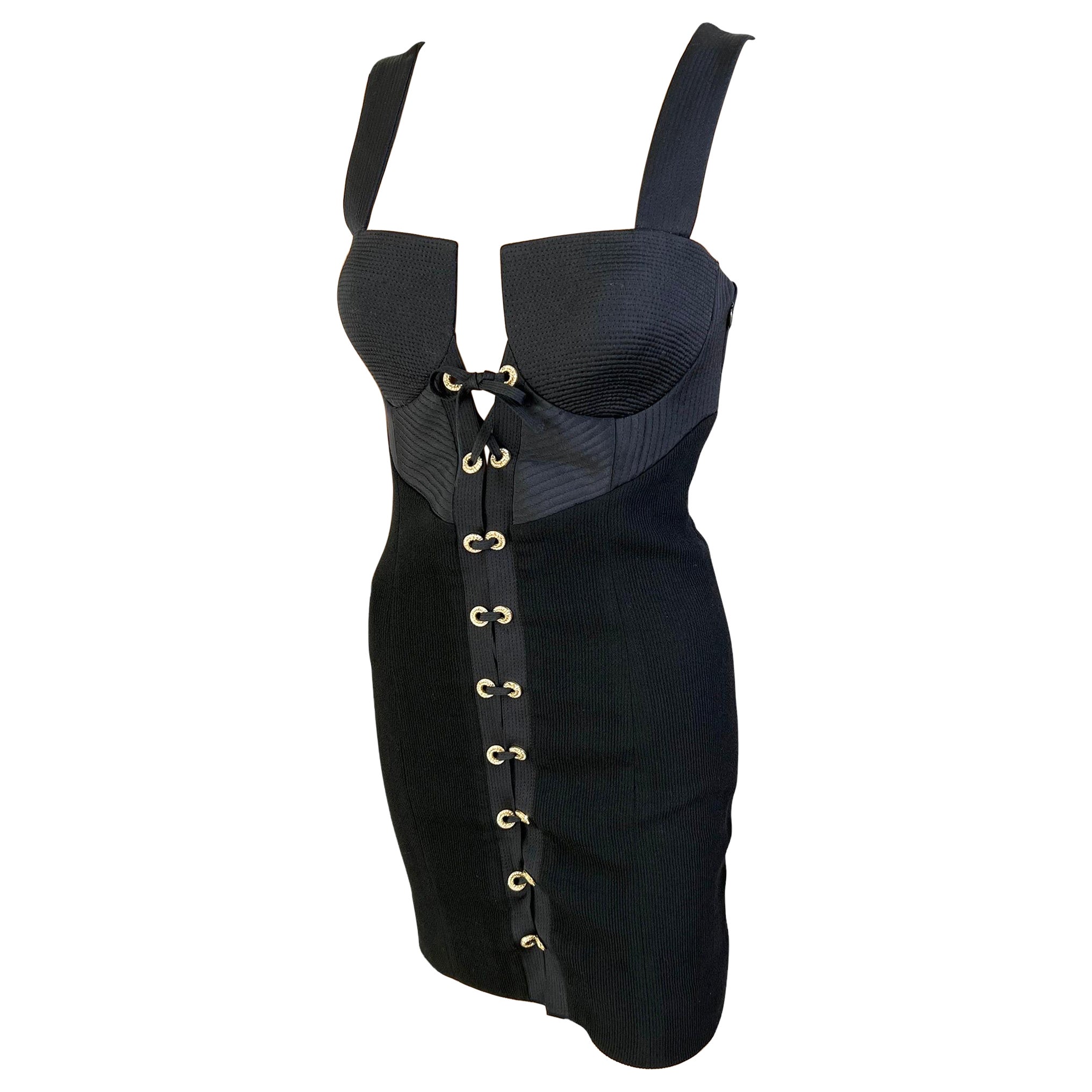 Gianni Versace Couture P/E 1992 Bustier Corsetto Allacciato Mini Abito Nero