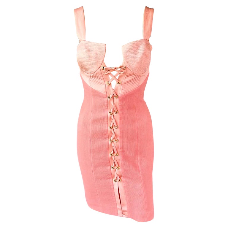 versace pink corset dress S/S 2005 Versace by Donatella Pink Draped Corset Dress at 1stDibs