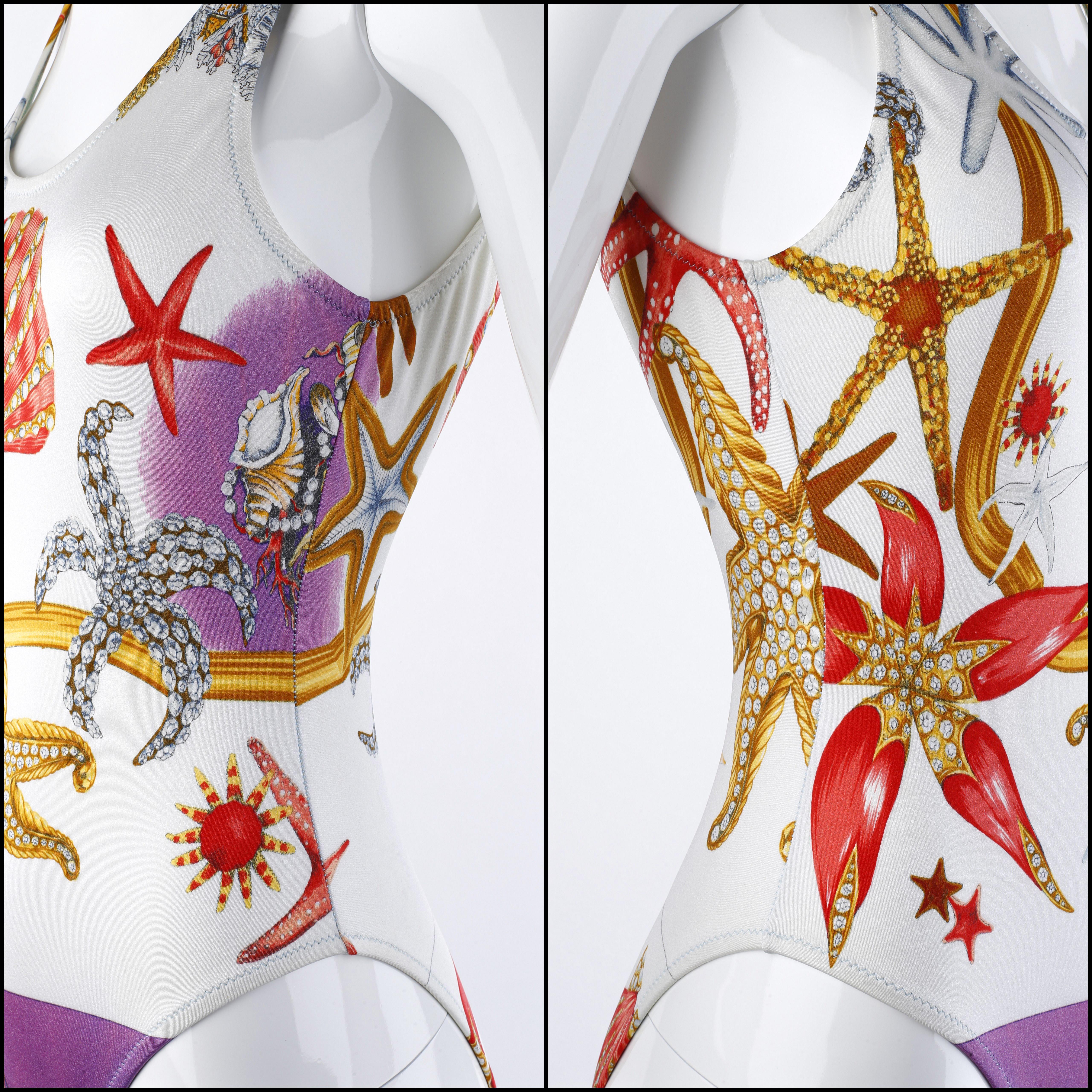 Gianni Versace S/S 1992 Starfish Seashell Print Plunge Back Swimsuit Bodysuit For Sale 4