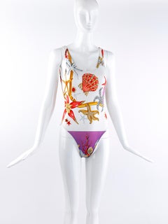 Gianni Versace S/S 1992 Starfish Seashell Print Plunge Back Swimsuit Bodysuit