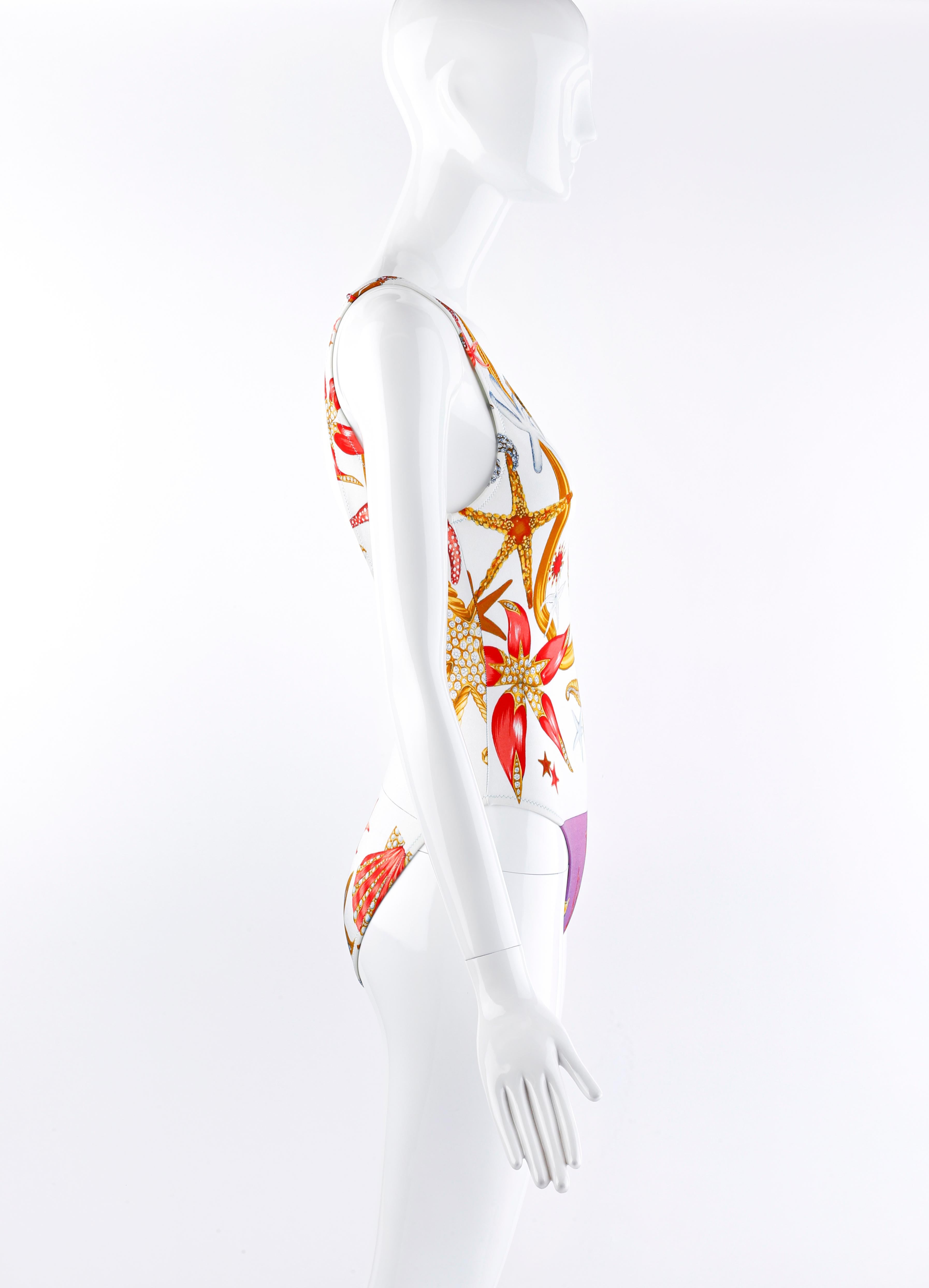Beige Gianni Versace S/S 1992 Starfish Seashell Print Plunge Back Swimsuit Bodysuit For Sale
