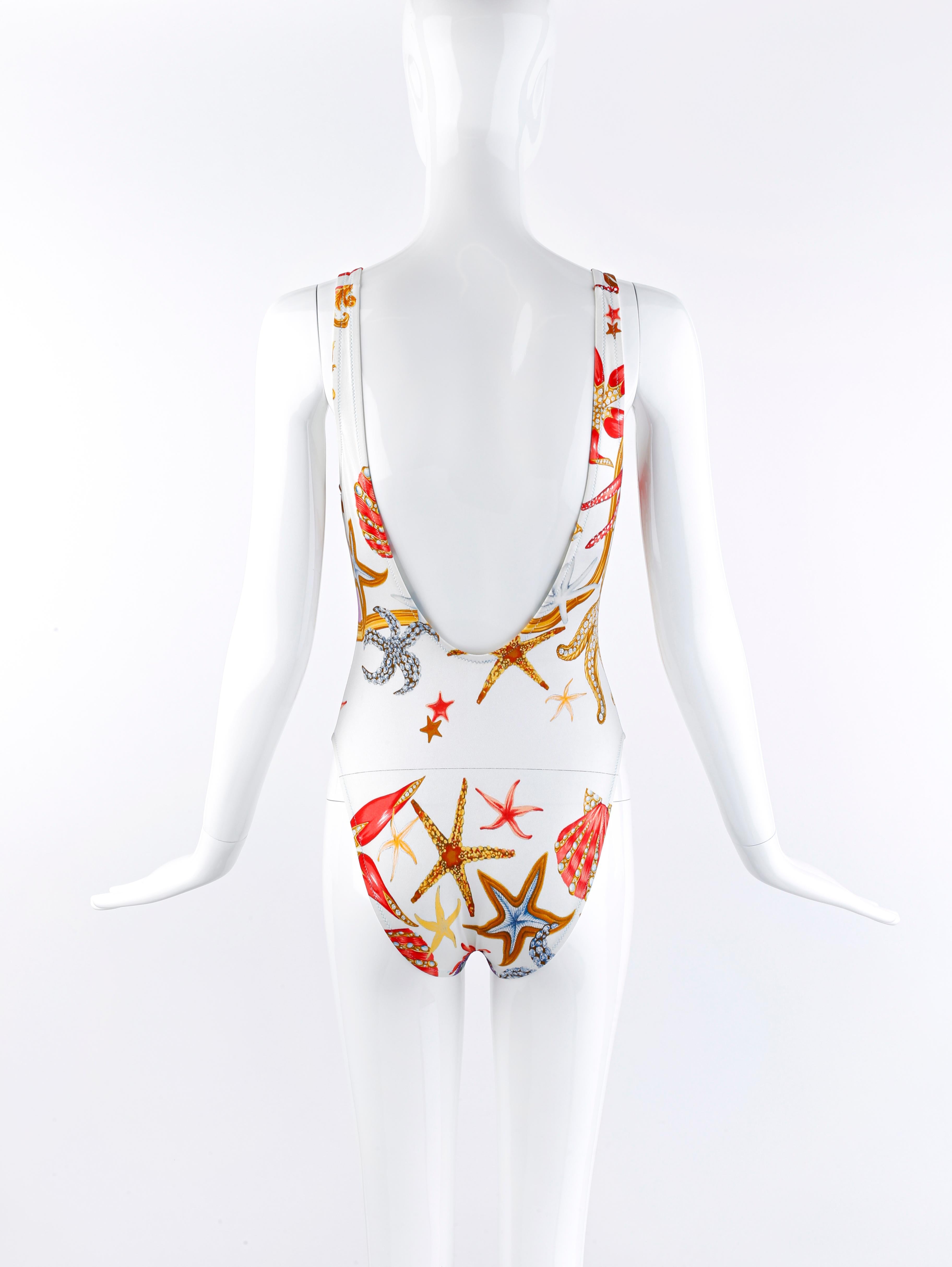 Gianni Versace S/S 1992 Starfish Seashell Print Plunge Back Swimsuit Bodysuit In Good Condition For Sale In Chicago, IL