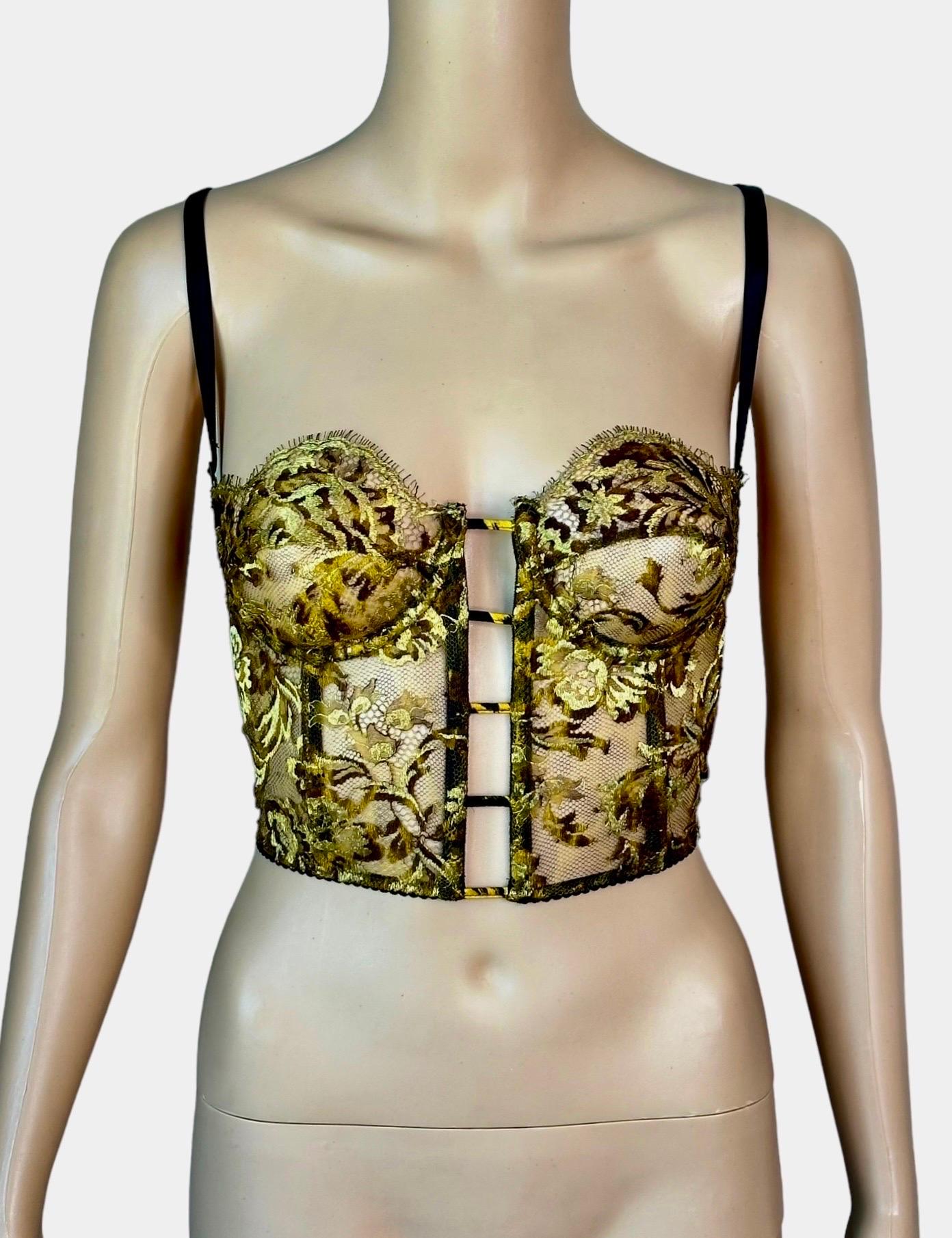 Brown Gianni Versace S/S 1992 Unworn Sheer Gold Embroidered Lace Bustier Bra Crop Top  For Sale