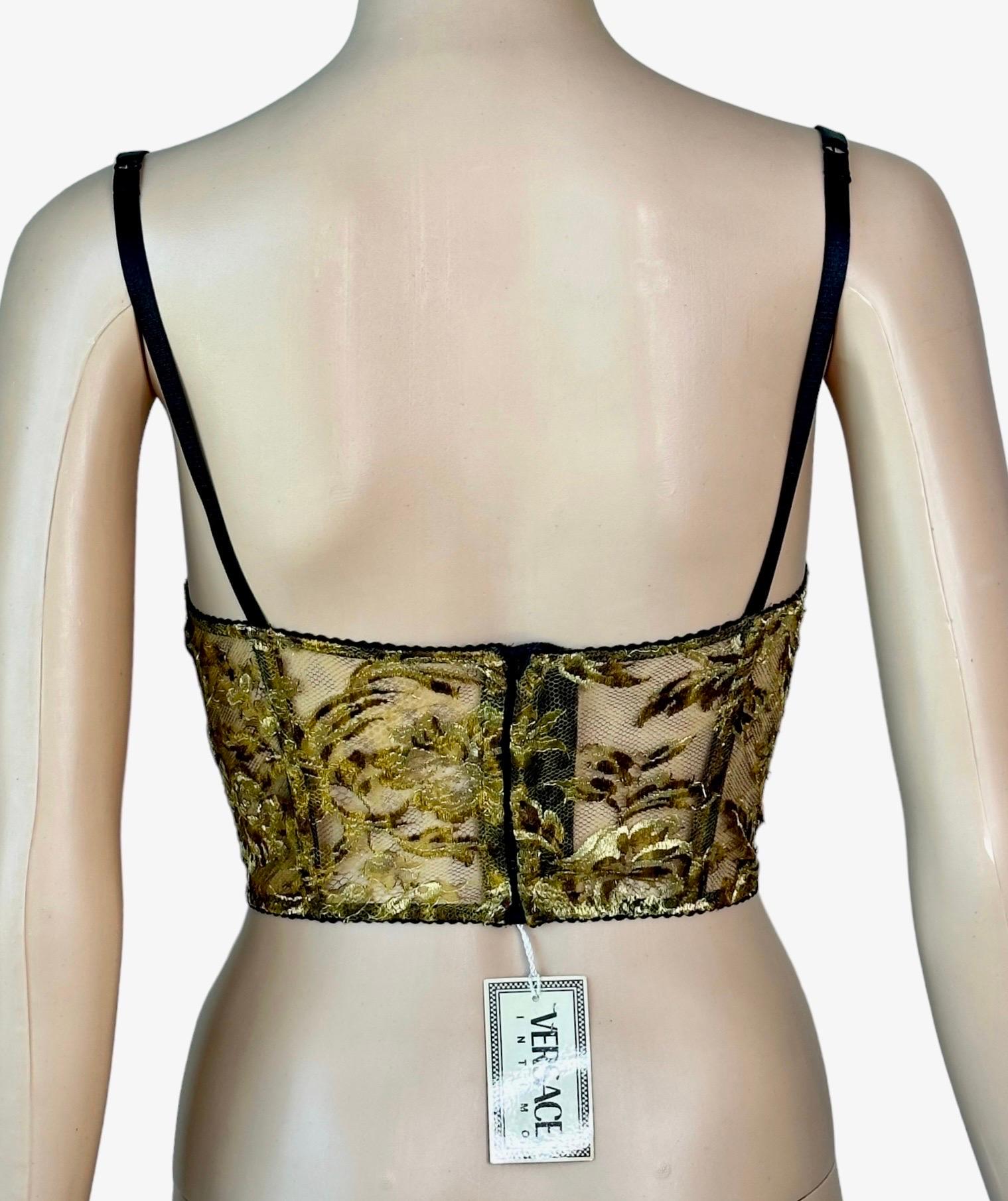 Gianni Versace S/S 1992 Unworn Sheer Gold Embroidered Lace Bustier Bra Crop Top  In New Condition For Sale In Naples, FL