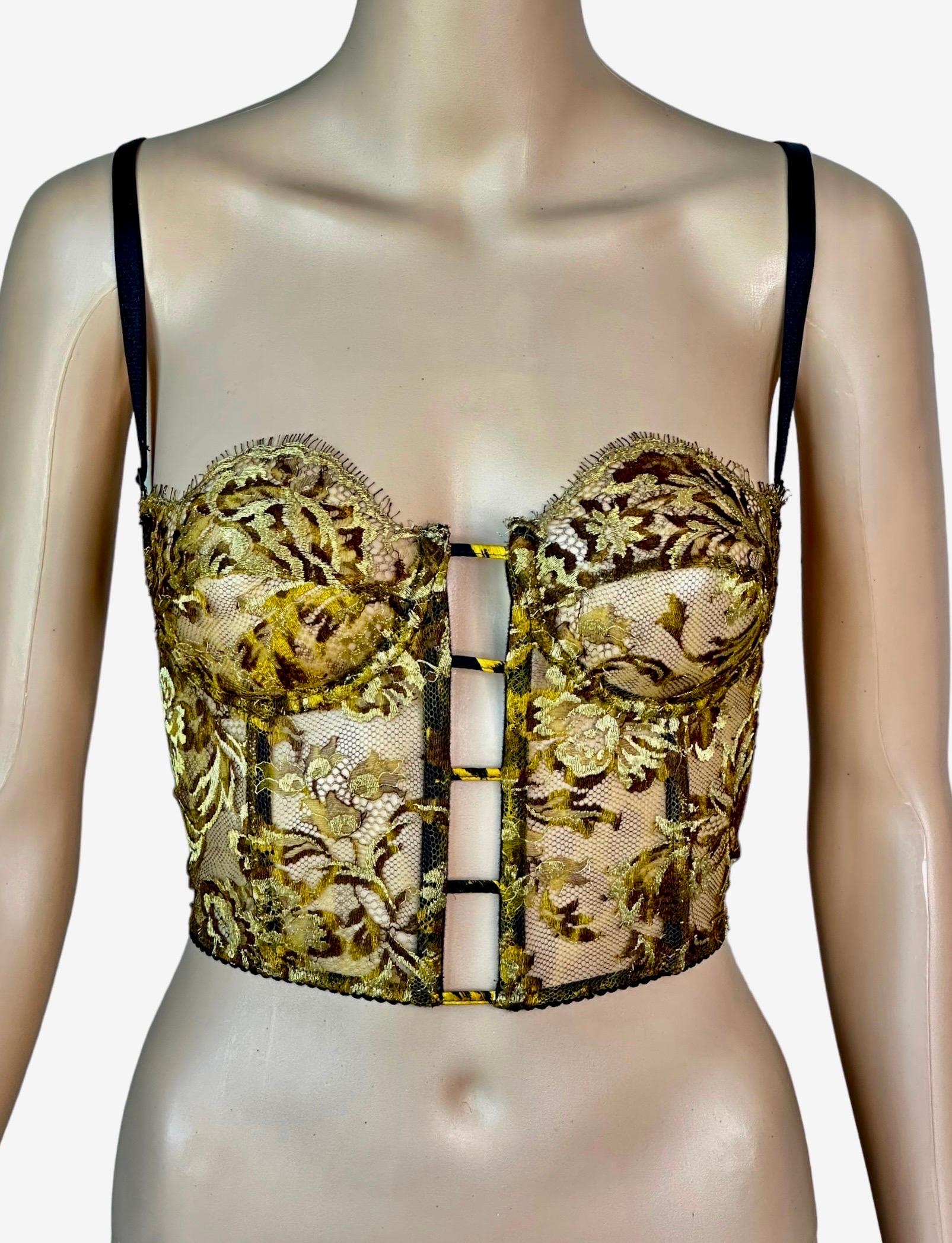 Gianni Versace S/S 1992 Unworn Sheer Gold Embroidered Lace Bustier Bra Crop Top  For Sale 2