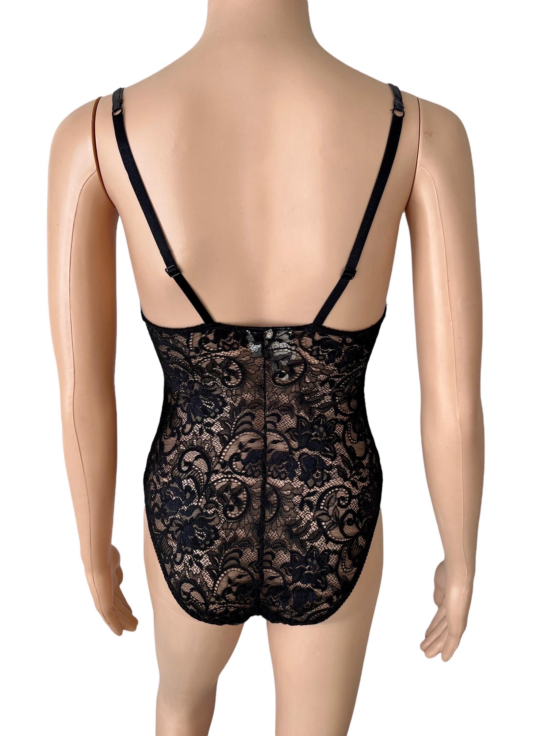 Gianni Versace S/S 1992 Vintage Plunging Baroque Print Sheer Lace Bodysuit Top  In Good Condition For Sale In Naples, FL