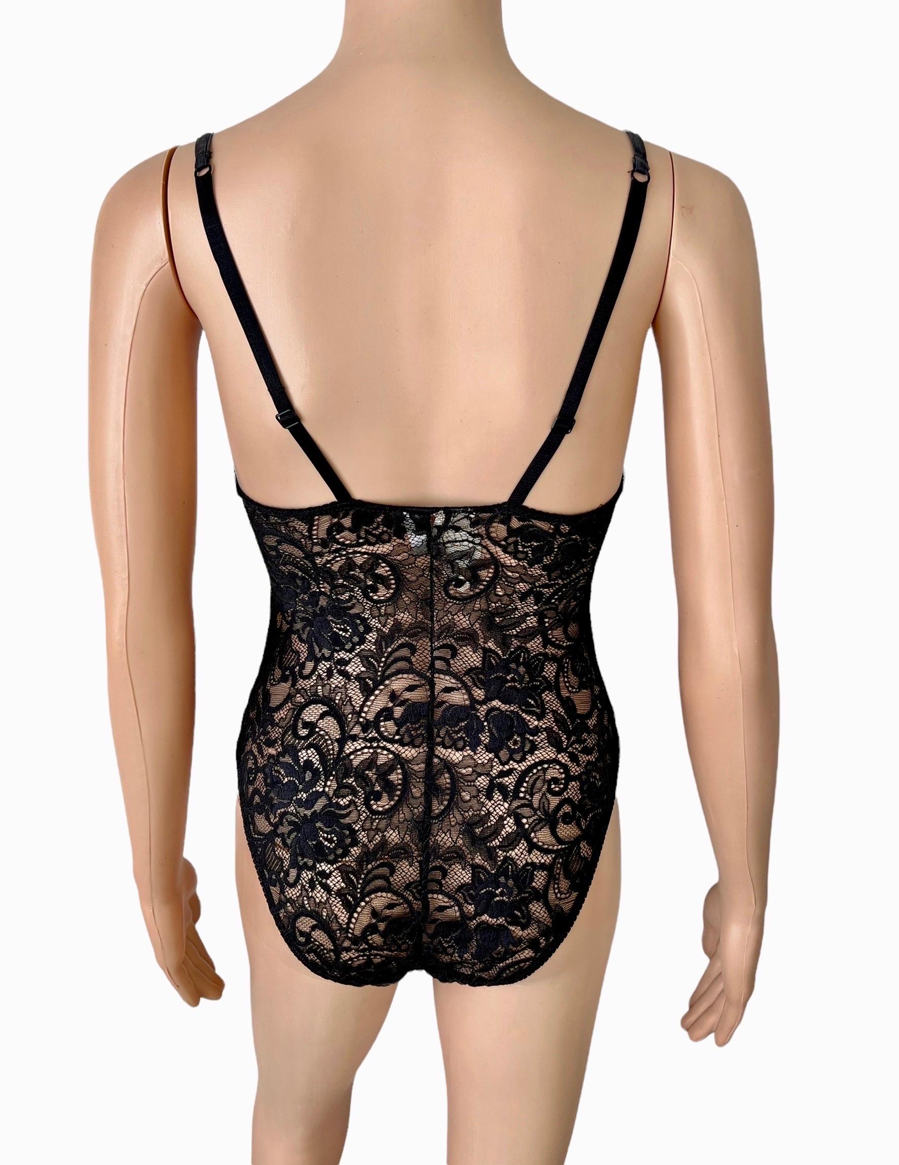Gianni Versace S/S 1992 Vintage Plunging Baroque Print Sheer Lace Bodysuit Top  For Sale 4