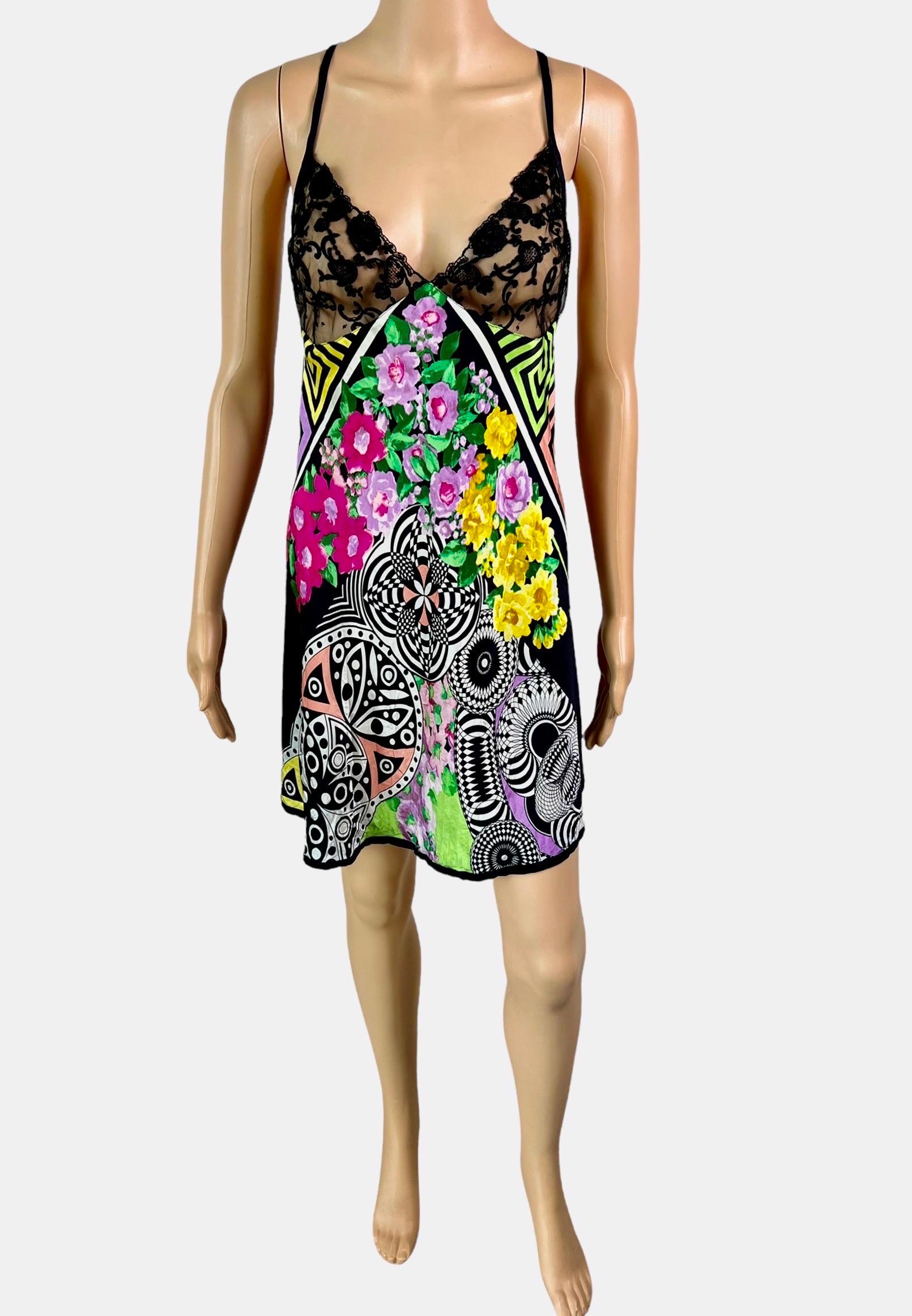 Gianni Versace S/S 1993 Sheer Lace Bra Floral Print Slip Silk Mini Dress For Sale 6