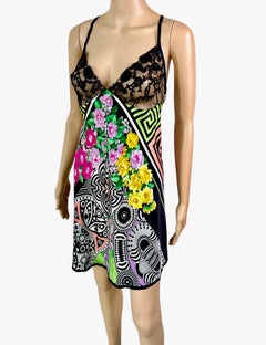Gianni Versace S/S 1993 Sheer Lace Bra Floral Print Slip Silk Mini Dress