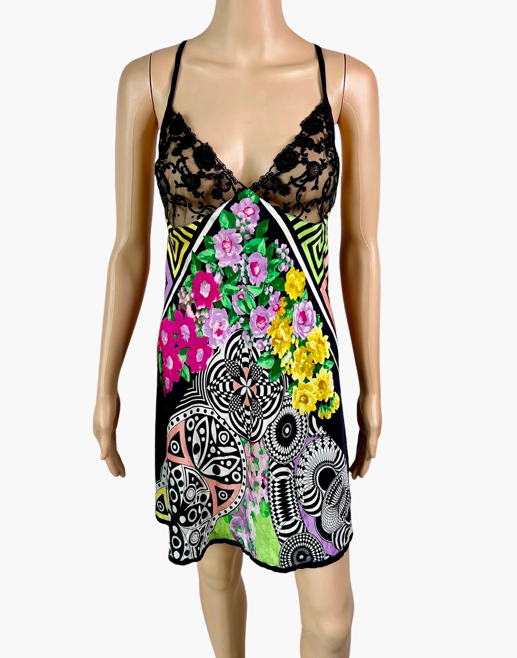 Gianni Versace S/S 1993 Sheer Lace Bra Floral Print Slip Silk Mini Dress In Good Condition For Sale In Naples, FL