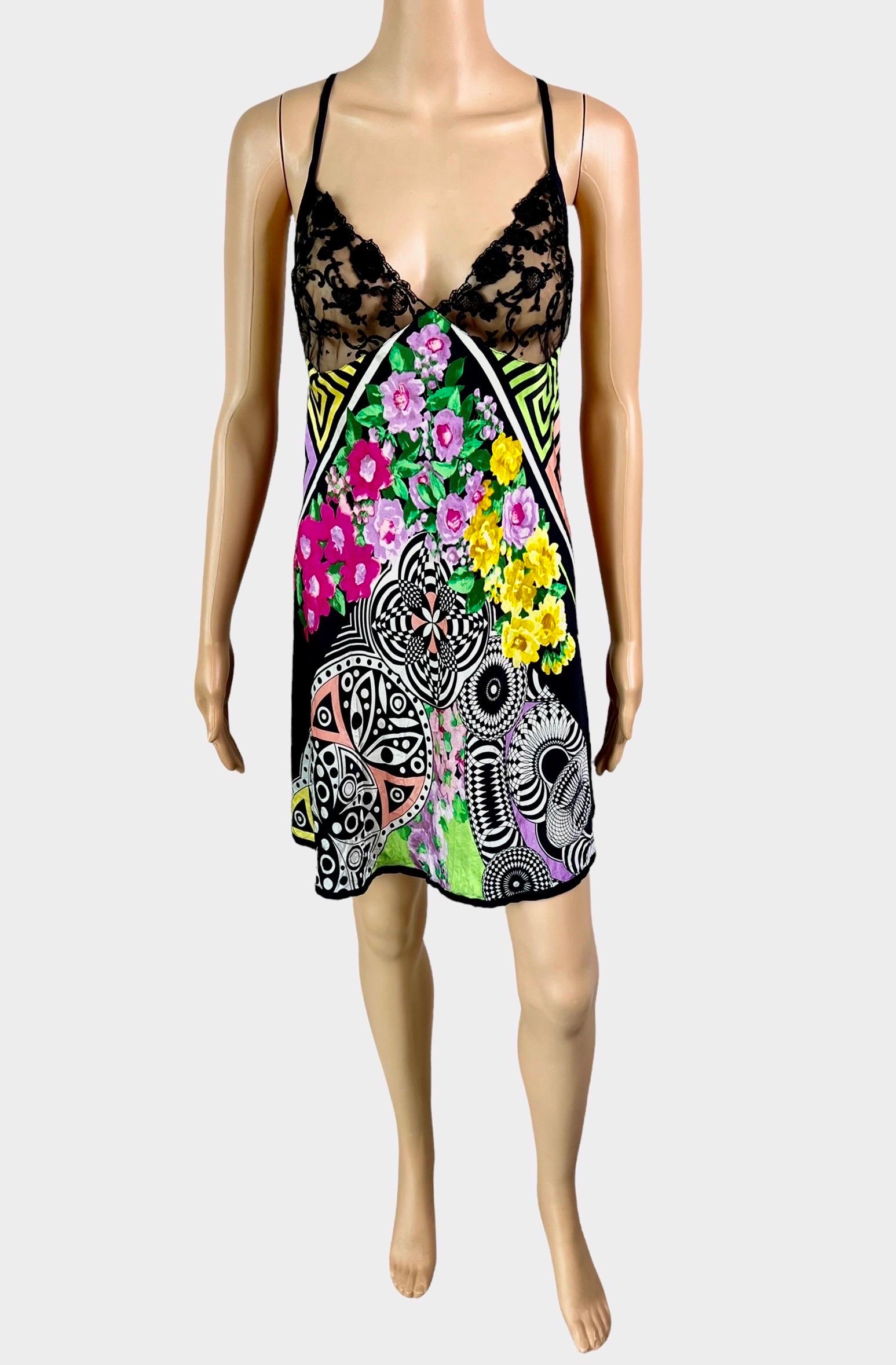 Gianni Versace S/S 1993 Sheer Lace Bra Floral Print Slip Silk Mini Dress For Sale 4