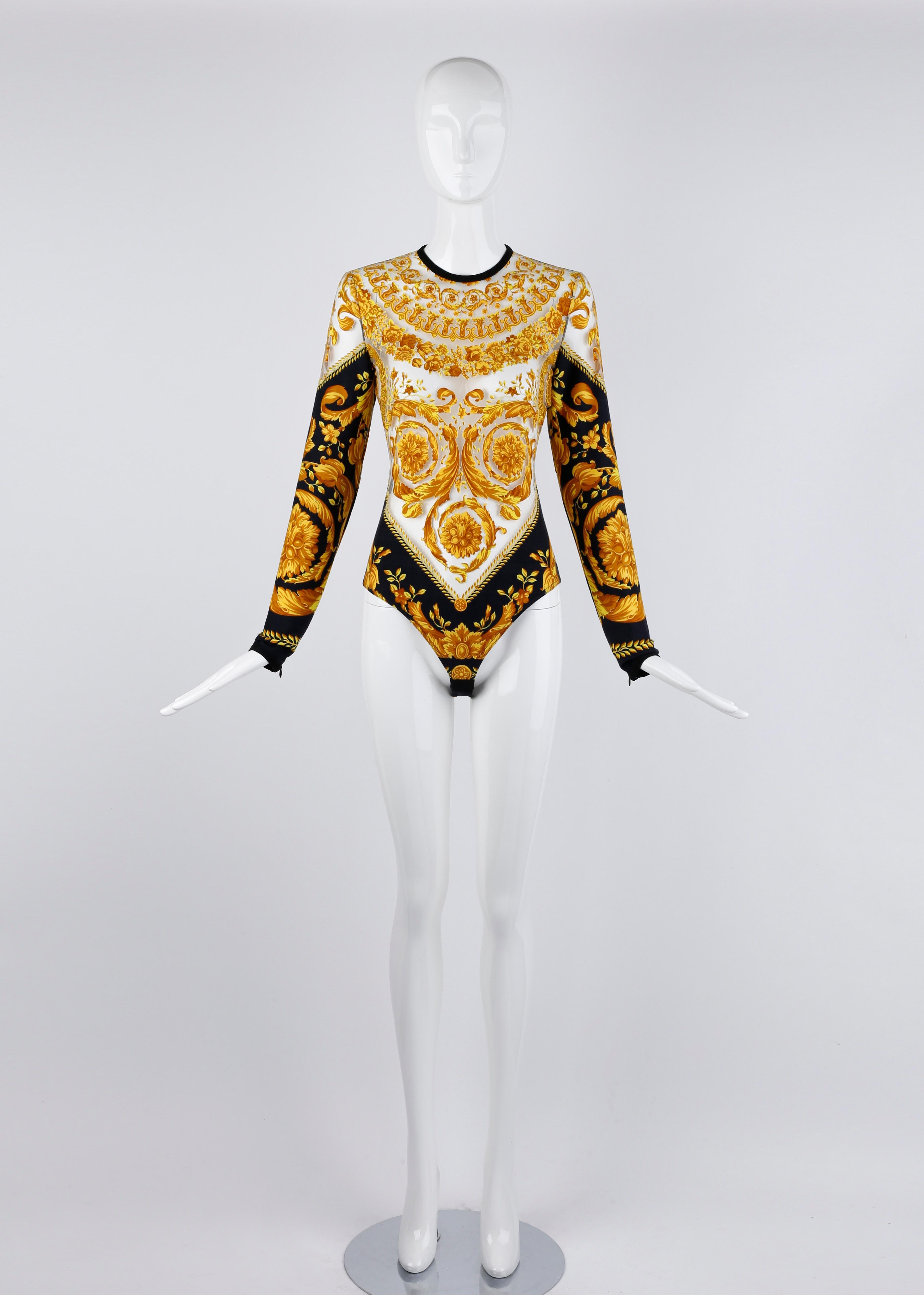 From Gianni Versace’s Spring/Summer 1994 collection. This rare bodysuit features a rich and dynamic signature baroque print in a figure enhancing layout. Baroque print embedded into a mesh fabric at front for a semi-sheer floating print illusion