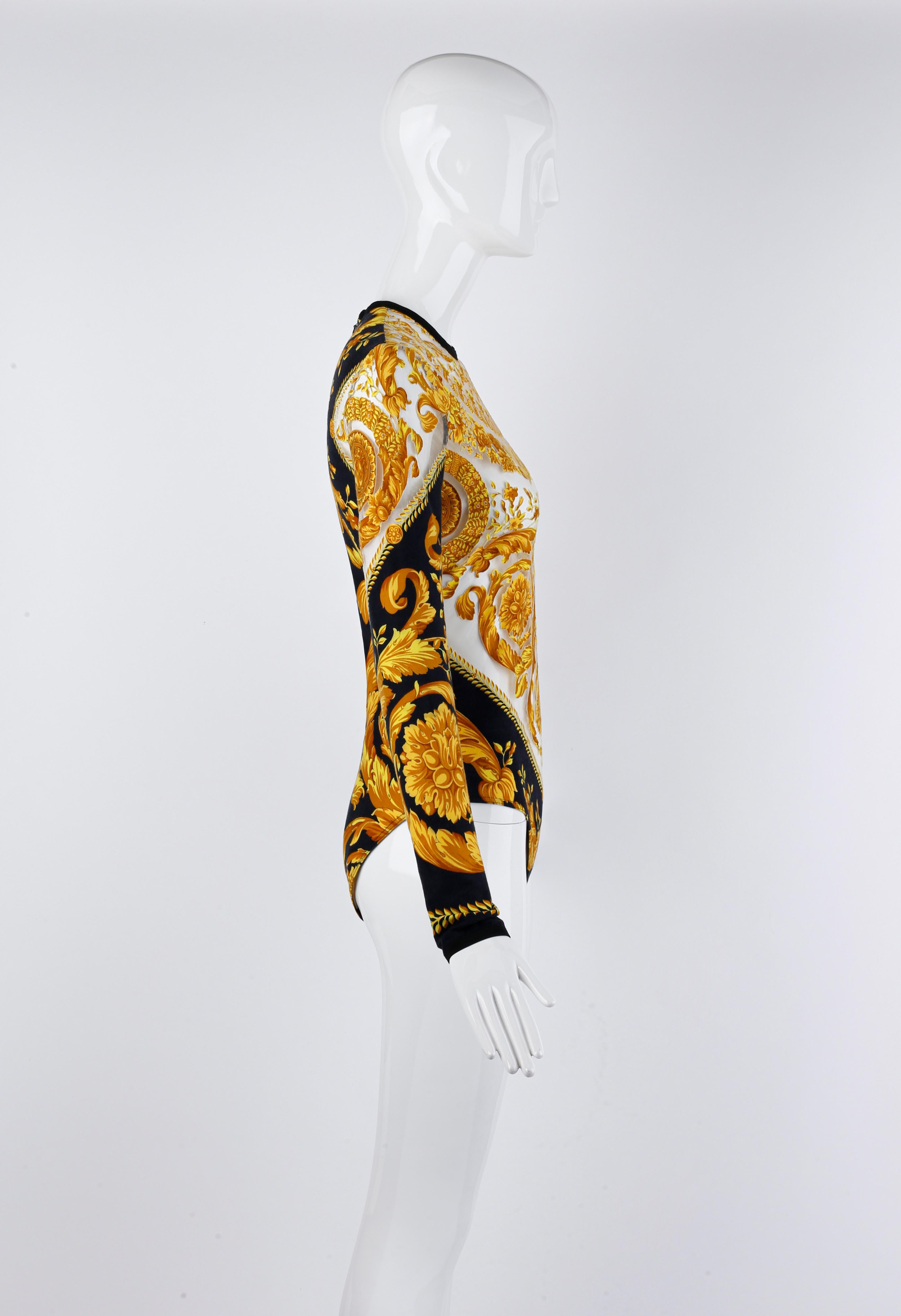 Gianni Versace S/S 1994 Signature Baroque Print Sheer Mesh Illusion Bodysuit  In Good Condition For Sale In Chicago, IL