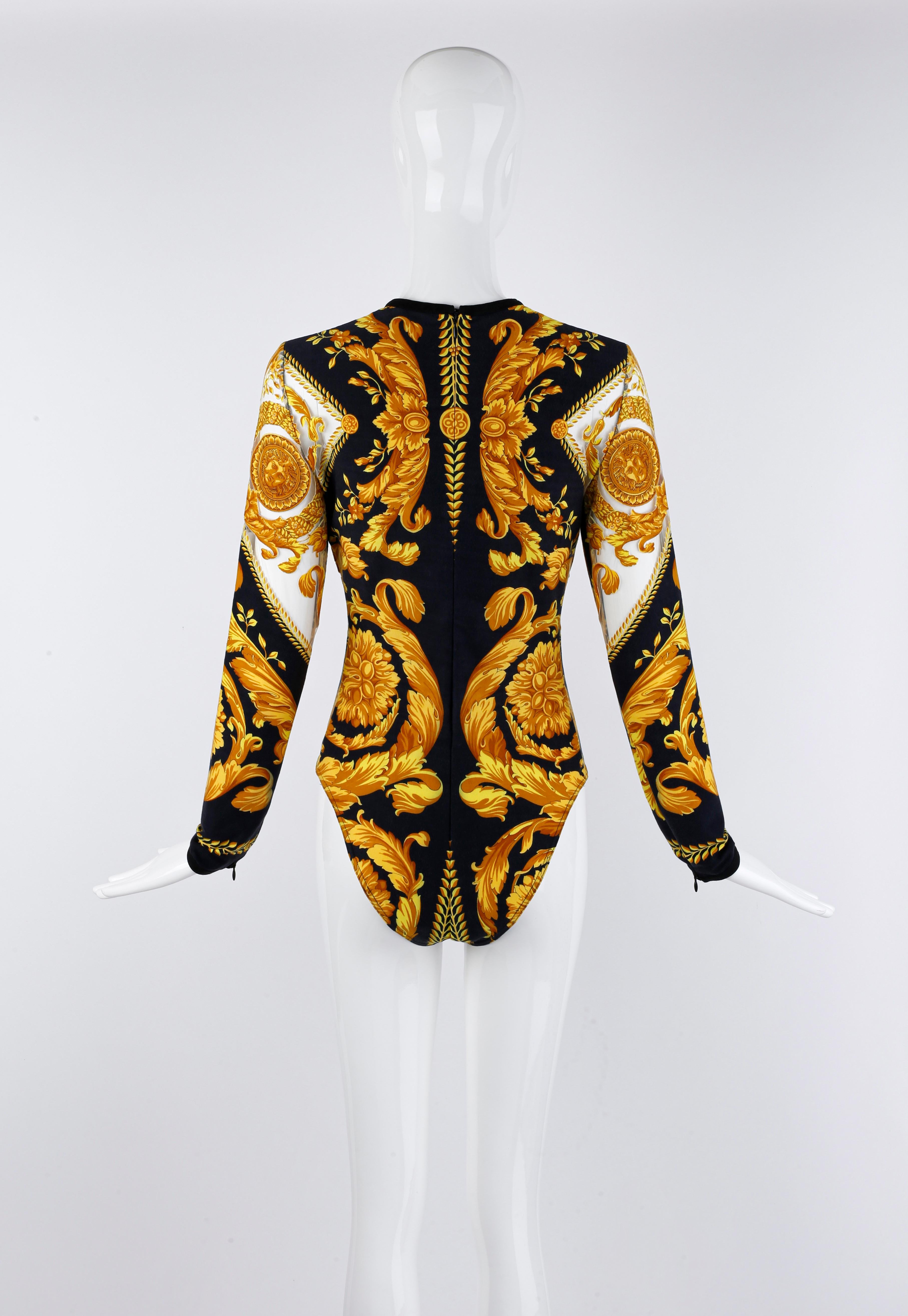 Women's Gianni Versace S/S 1994 Signature Baroque Print Sheer Mesh Illusion Bodysuit  For Sale