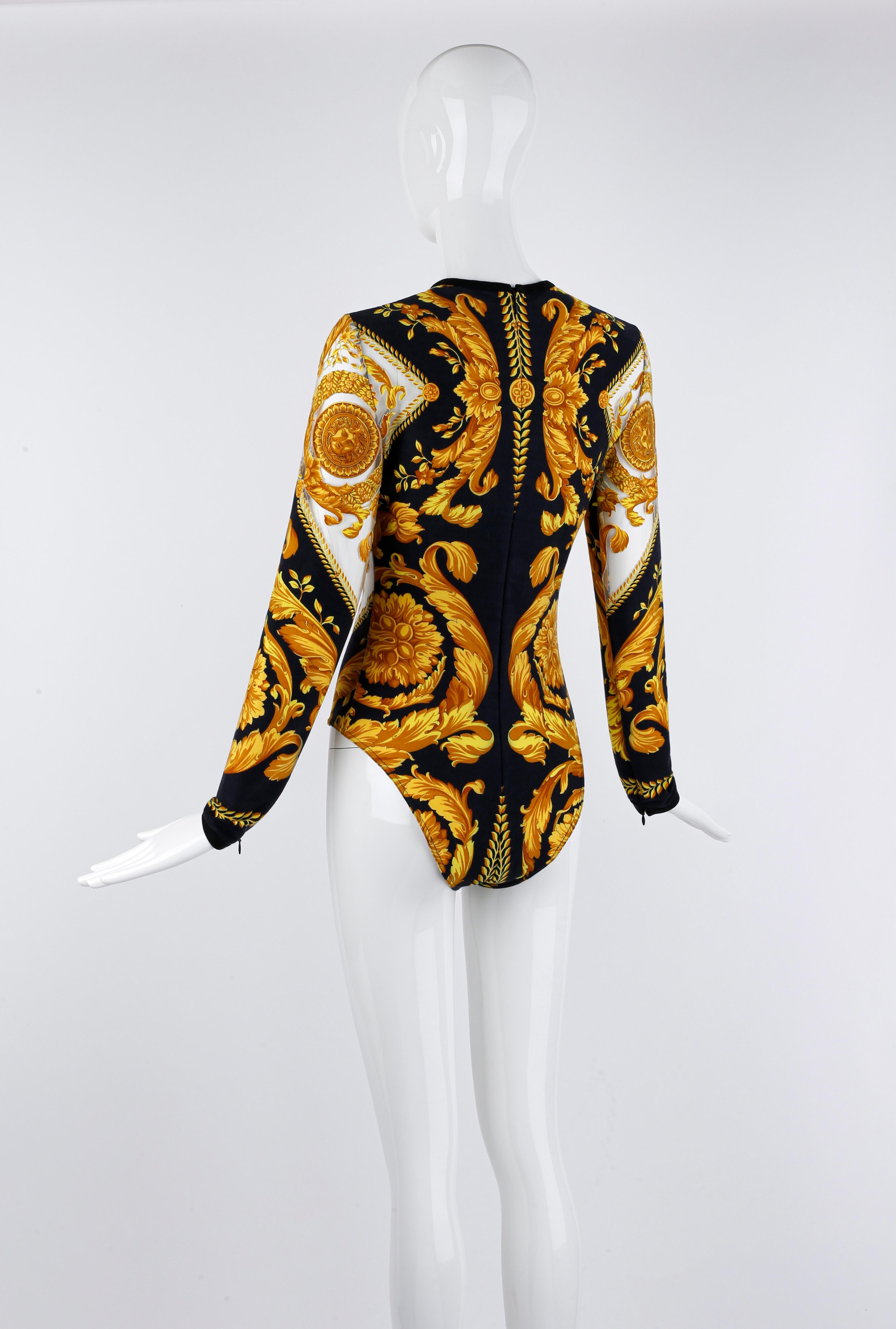Gianni Versace S/S 1994 Signature Baroque Print Sheer Mesh Illusion Bodysuit  For Sale 1