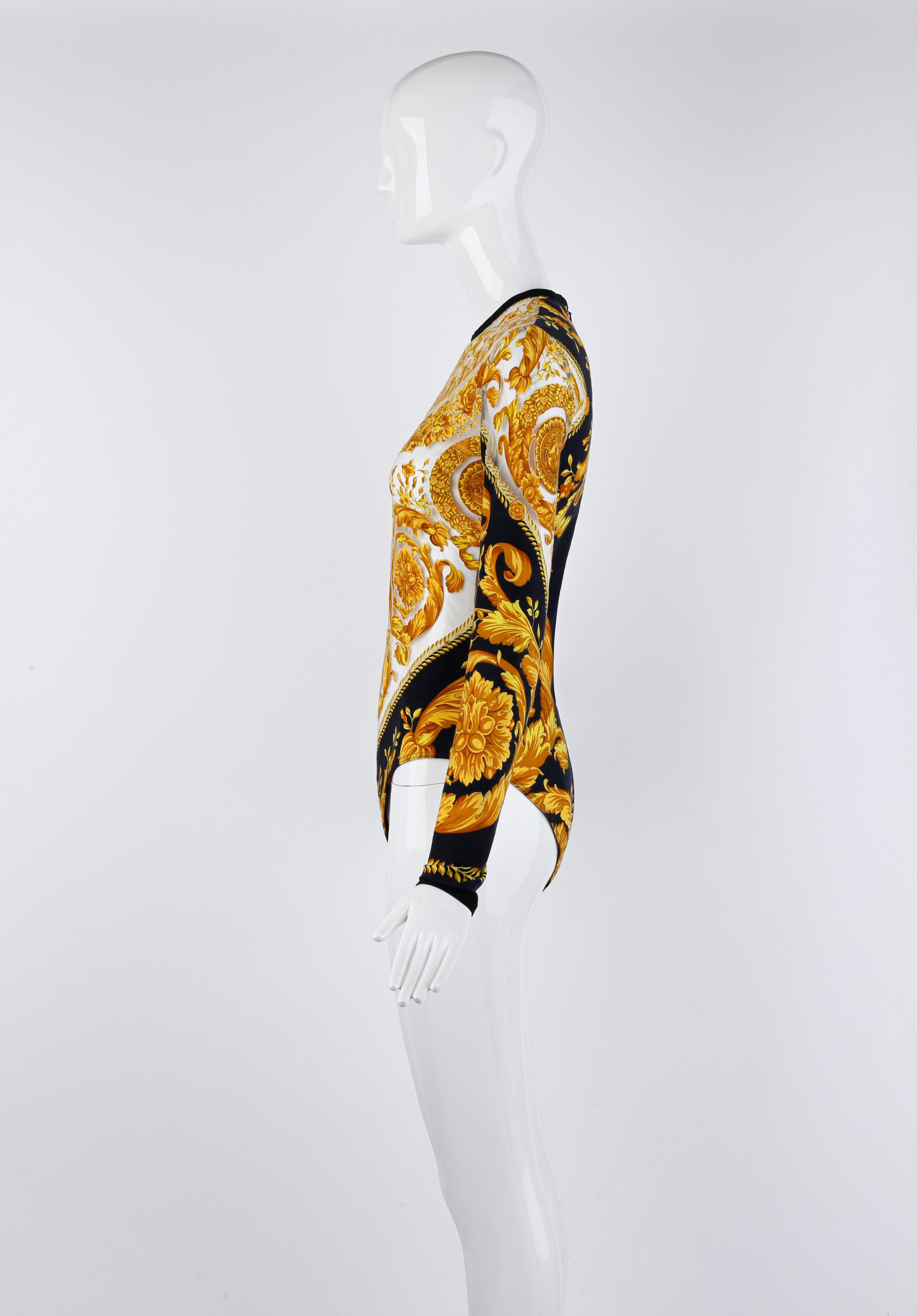 Gianni Versace S/S 1994 Signature Baroque Print Sheer Mesh Illusion Bodysuit  For Sale 2