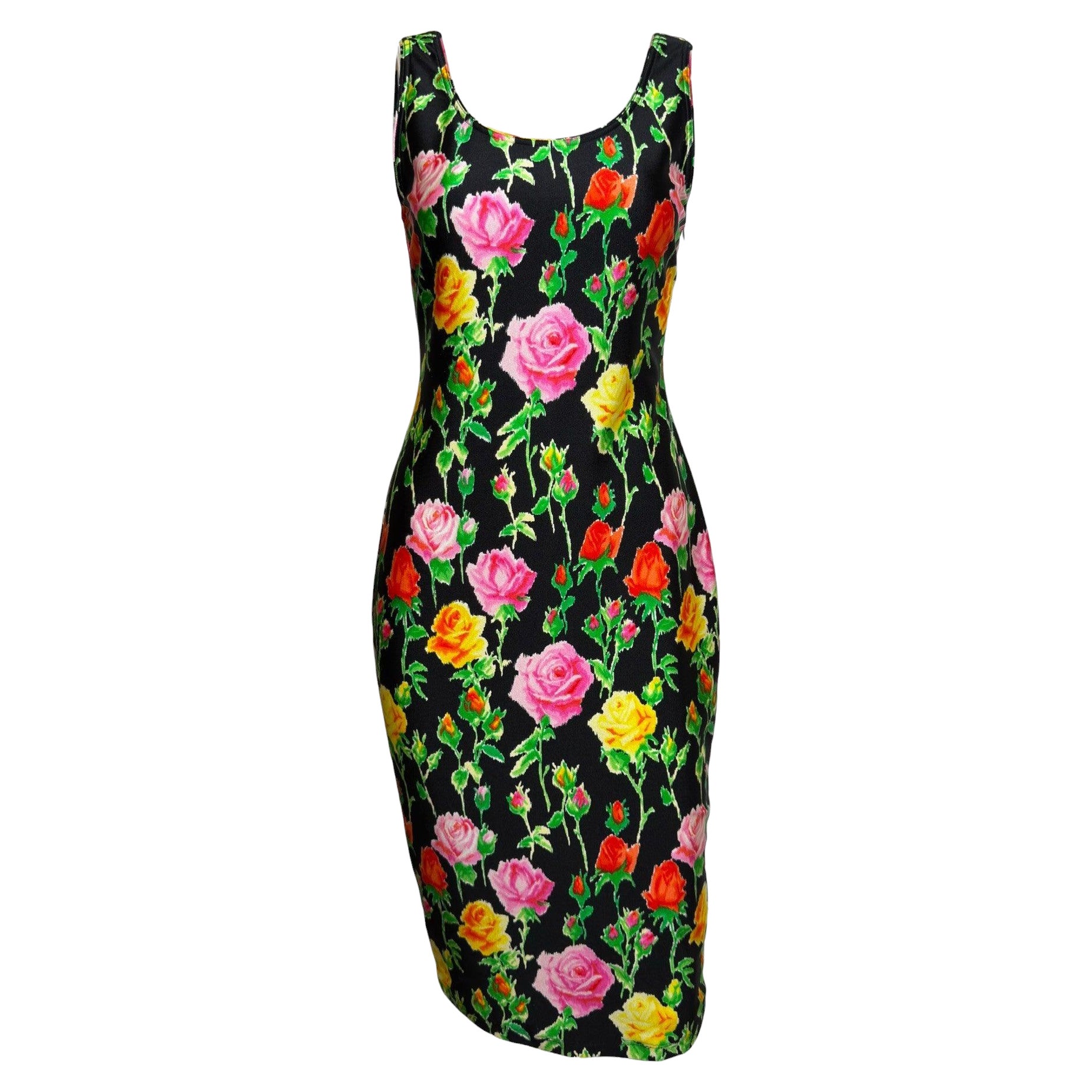 Robe mi-longue sans manches à imprimé floral noir Gianni Versace, printemps-été 1995