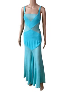 Gianni Versace S/S 1995 Vintage Sheer Panels Silk Blue Evening Dress Gown