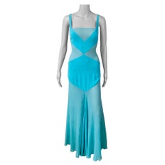 Gianni Versace S/S 1995 Vintage Sheer Panels Silk Blue Evening Dress Gown