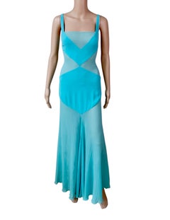 Robe de soirée vintage en soie bleue à empiècements transparents, collection printemps-été 1995 de Gianni Versace