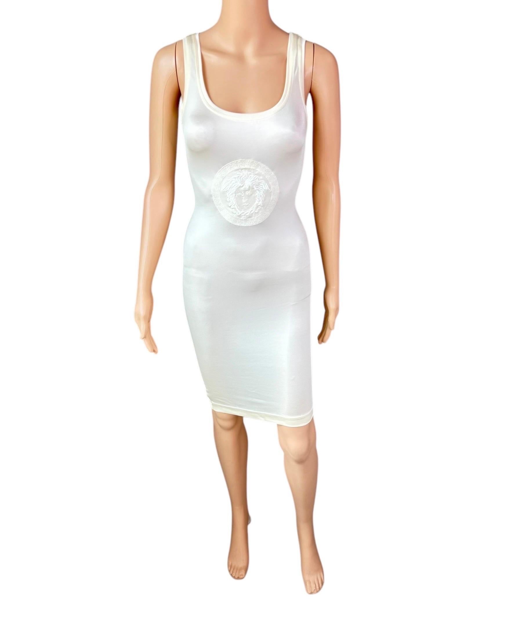 Gianni Versace P/E 1996 Medusa Logo Semi-Sheer Stretch Bodycon Pearl Ivory Dress in vendita 7