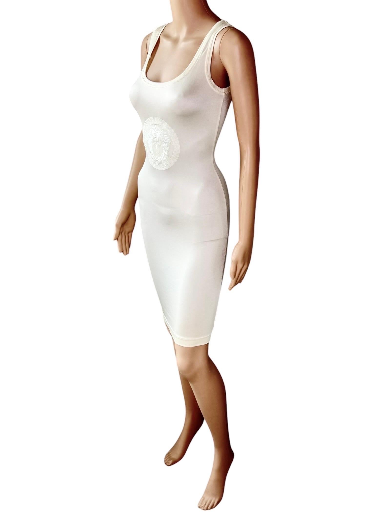 Gianni Versace P/E 1996 Medusa Logo Semi-Sheer Stretch Bodycon Pearl Ivory Dress in vendita 13