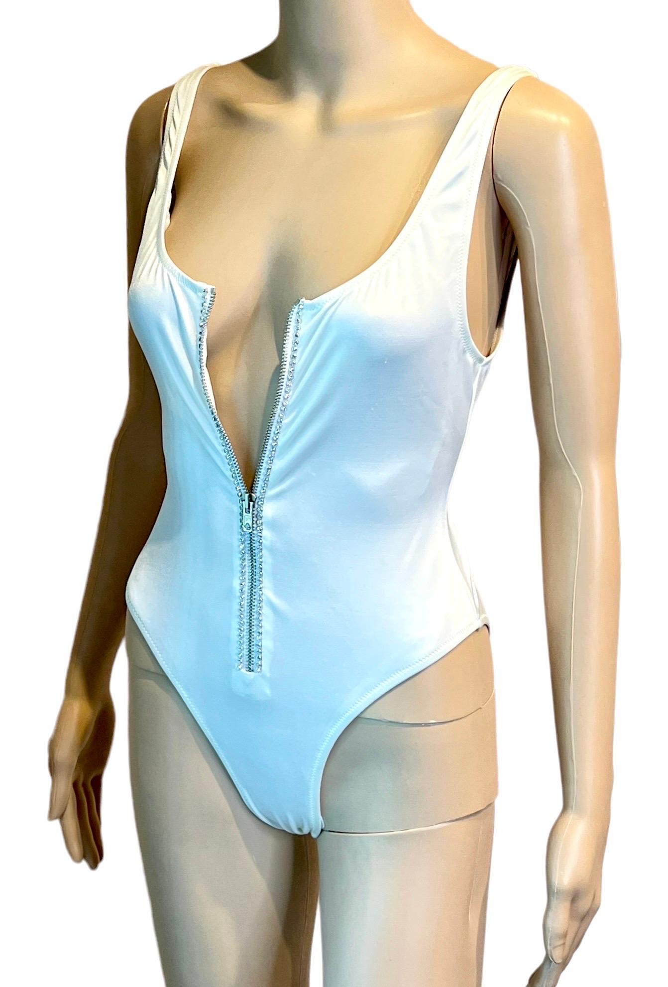Gianni Versace S/S 1996 Vintage Embellished Crystal Zipper White Bodysuit Swimwear Swimsuit IT 42