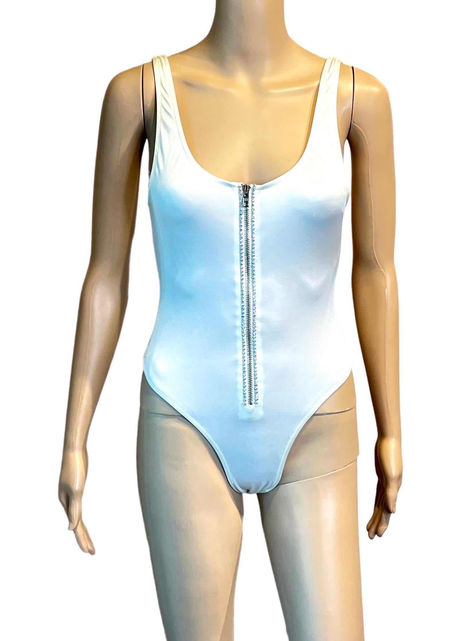 Gray Gianni Versace S/S 1996 Vintage Crystal Zipper White Bodysuit Swimwear Swimsuit For Sale