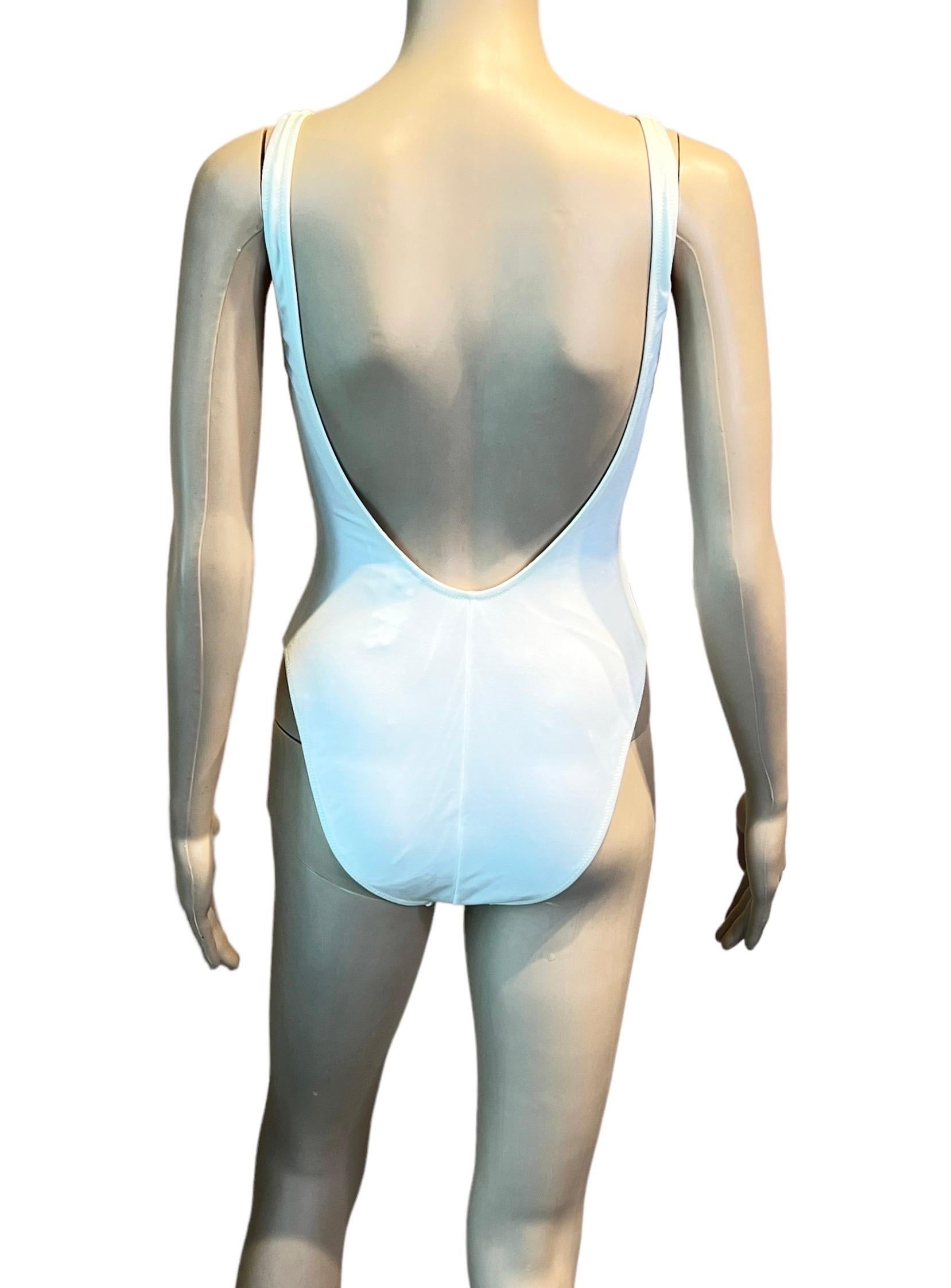 Women's or Men's Gianni Versace S/S 1996 Vintage Crystal Zipper White Bodysuit Swimwear Swimsuit For Sale