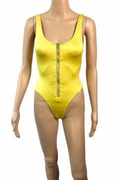 Gianni Versace S/S 1996 Vintage Crystal Zipper Yellow Bodysuit Swimwear Swimsuit