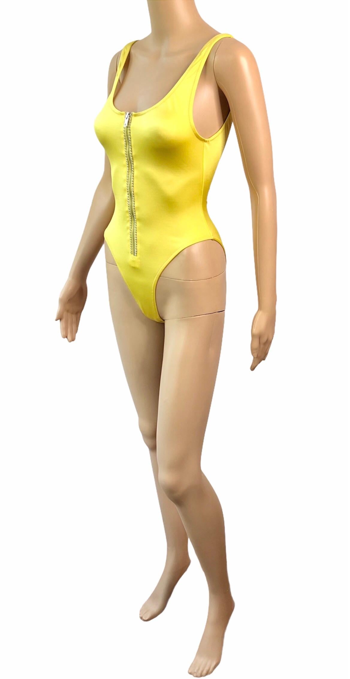 Gianni Versace S/S 1996 Vintage Crystal Zipper Yellow Bodysuit Swimwear Swimsuit In Excellent Condition For Sale In Naples, FL