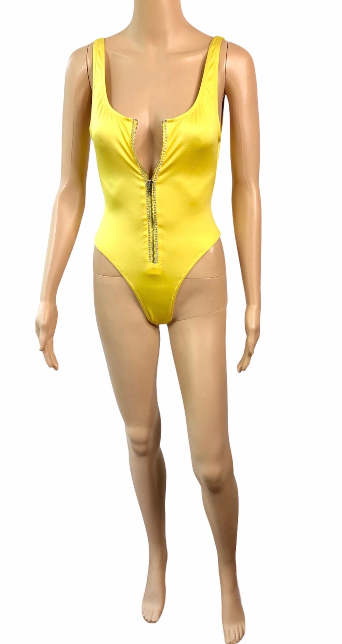 Women's or Men's Gianni Versace S/S 1996 Vintage Crystal Zipper Yellow Bodysuit Swimwear Swimsuit For Sale