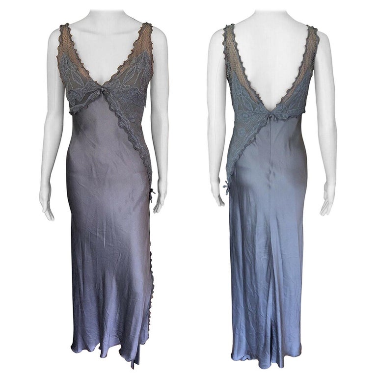 green emerald velvet dress S/S 1997 Gianni Versace Couture Runway Grey Lace Embroidered Dress