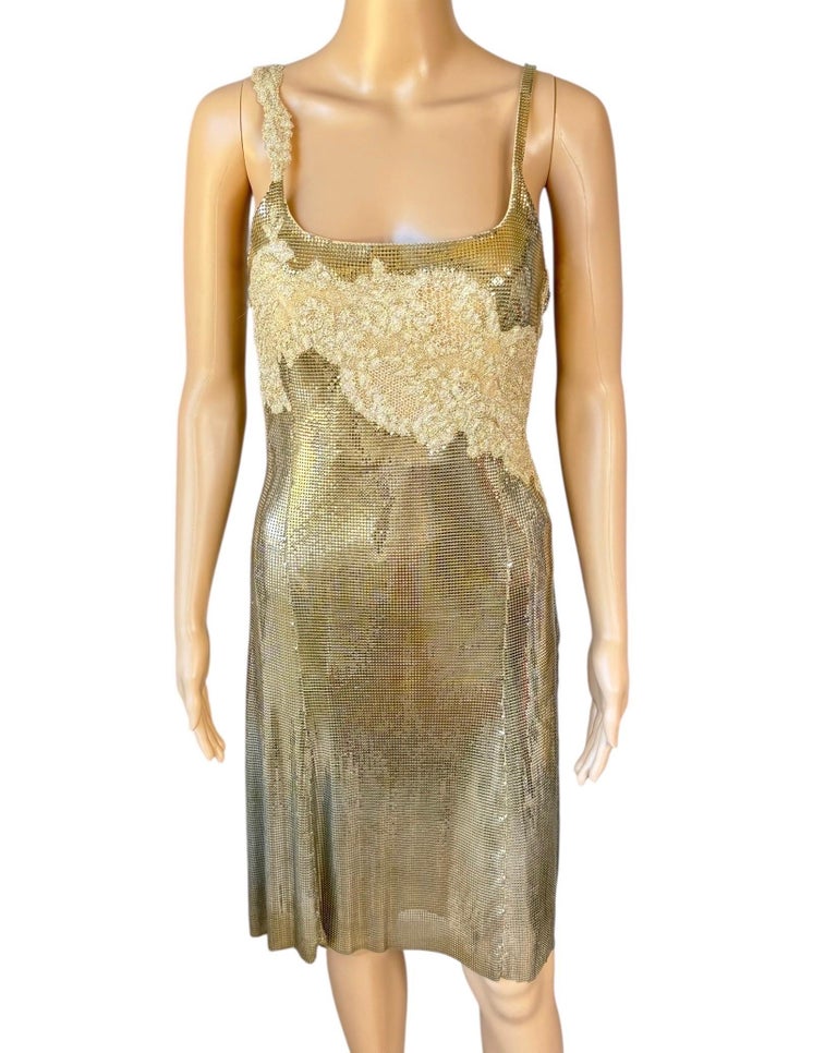 versace 90s gold chain dress Gianni S/S 1997 Unworn Oroton Metal Mesh Chainmail Lace For Sale at 1stDibs The silhouette is accented beautiful dresses 90s Pop Star 90s Size:18W-20W