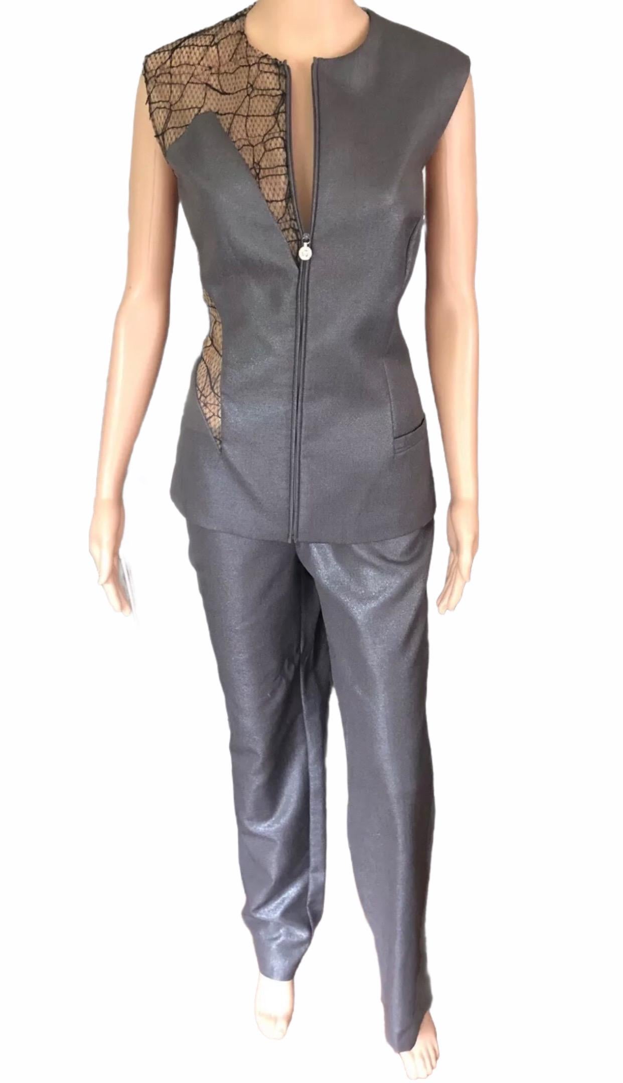 Gianni Versace S/S 1998 Vintage Sheer Cutout Panels Blazer Top & Pants Suit 2 Piece Set IT 44

