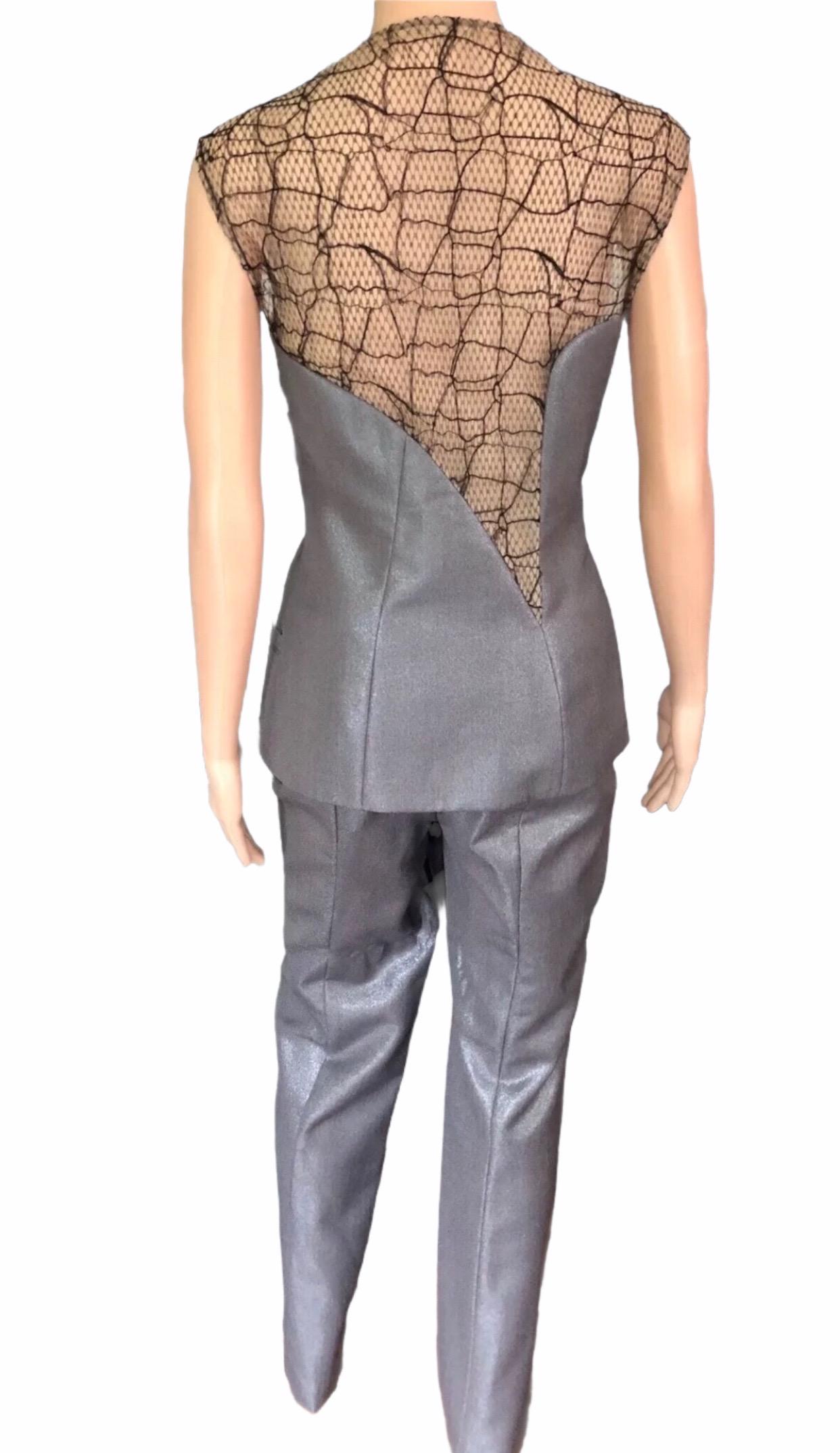 Gris Ensemble 2 pièces haut et pantalon Gianni Versace à découpes transparentes, défilé P/E 1998 en vente