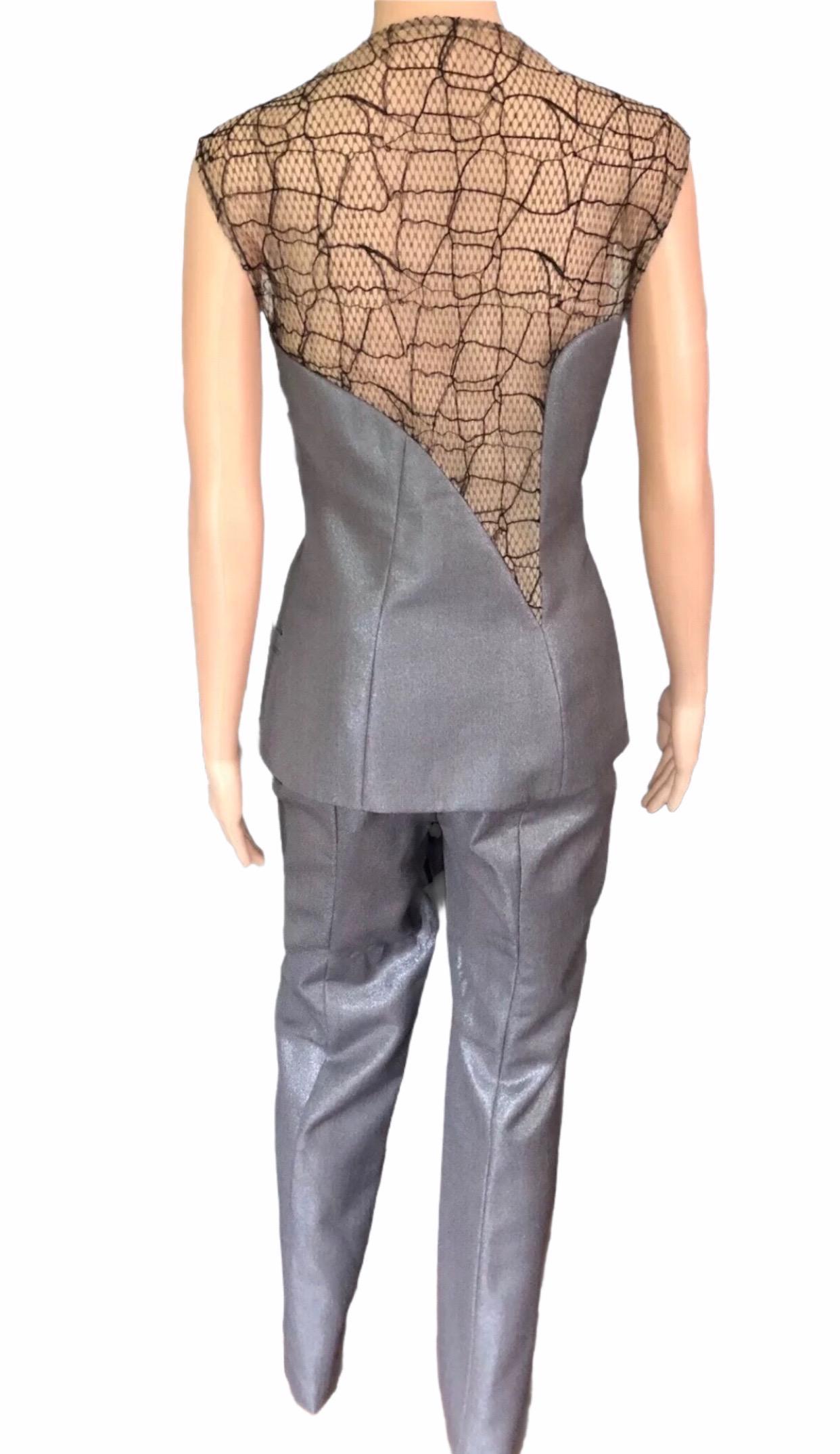 Gray Gianni Versace S/S 1998 Runway Sheer Cutout Panels Top & Pants Suit 2 Piece Set For Sale