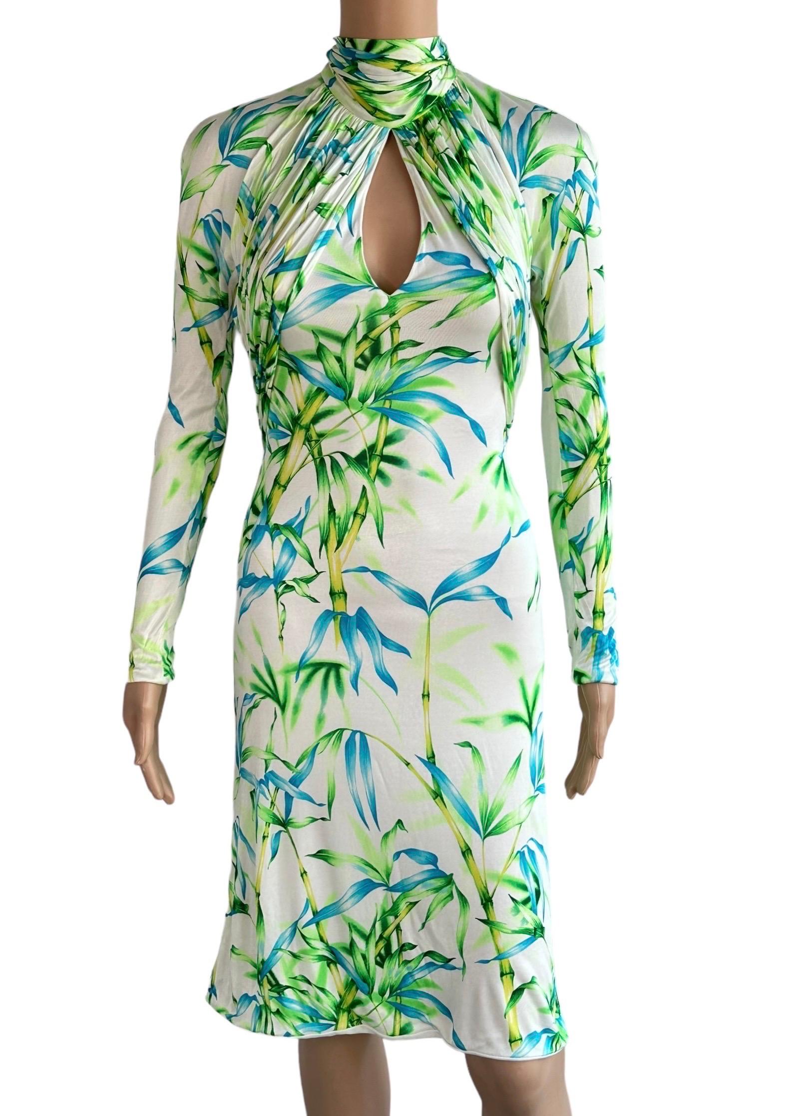 Gianni Versace F/S 2000 Laufsteg Bambus Dschungel Druck Schlüsselloch Ausschnitt hinten Kleid mit Ausschnitt

Look 14 aus der Spring 2000 Collection'S. 

Ikonisches Kleid mit tropischem Dschungel-Bambusprint von Gianni Versace mit folgenden