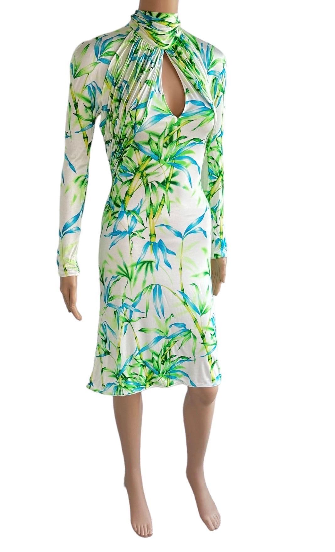Gianni Versace F/S 2000 Laufsteg Bambus Dschungel Druck Schlüsselloch Ausschnitt hinten Kleid mit Ausschnitt im Angebot 4