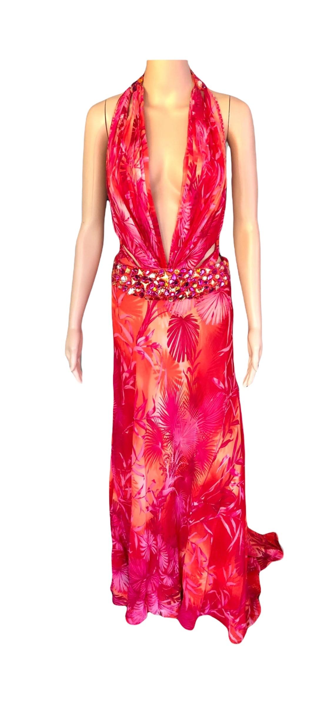 Gianni Versace S/S 2000 Runway Embellished Jungle Print Evening Dress Gown For Sale 8