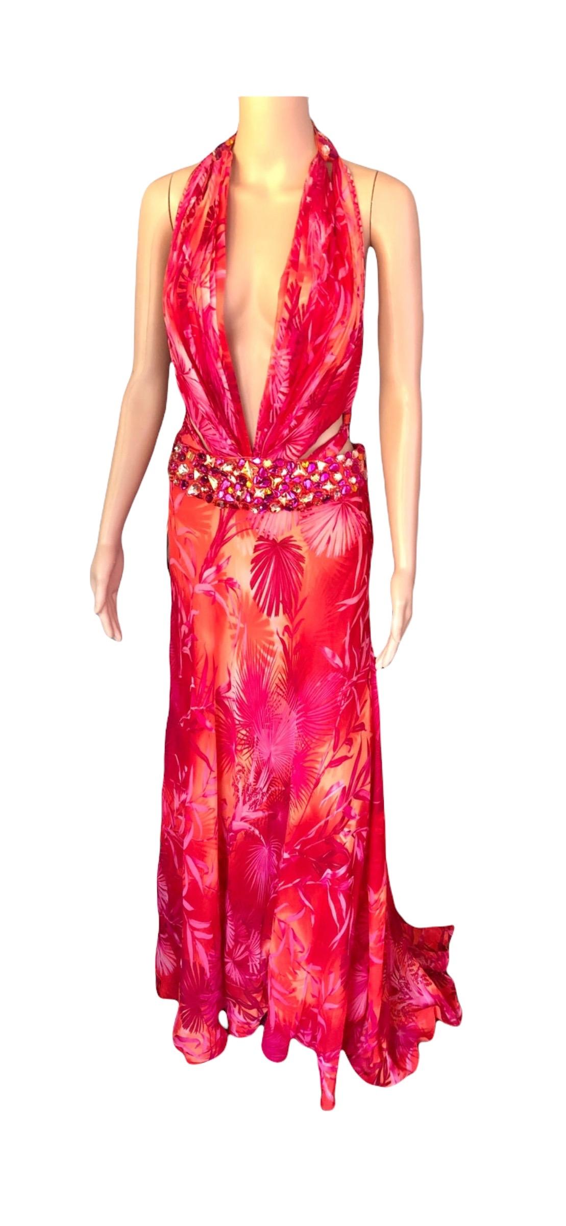 Gianni Versace S/S 2000 Runway Embellished Jungle Print Evening Dress Gown For Sale 9